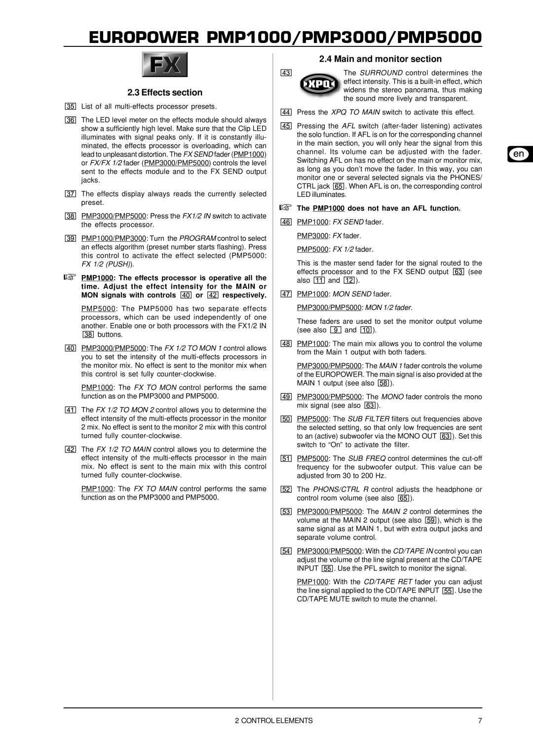 Behringer PMP3000, PMP5000 user manual Effects section, Main and monitor section 