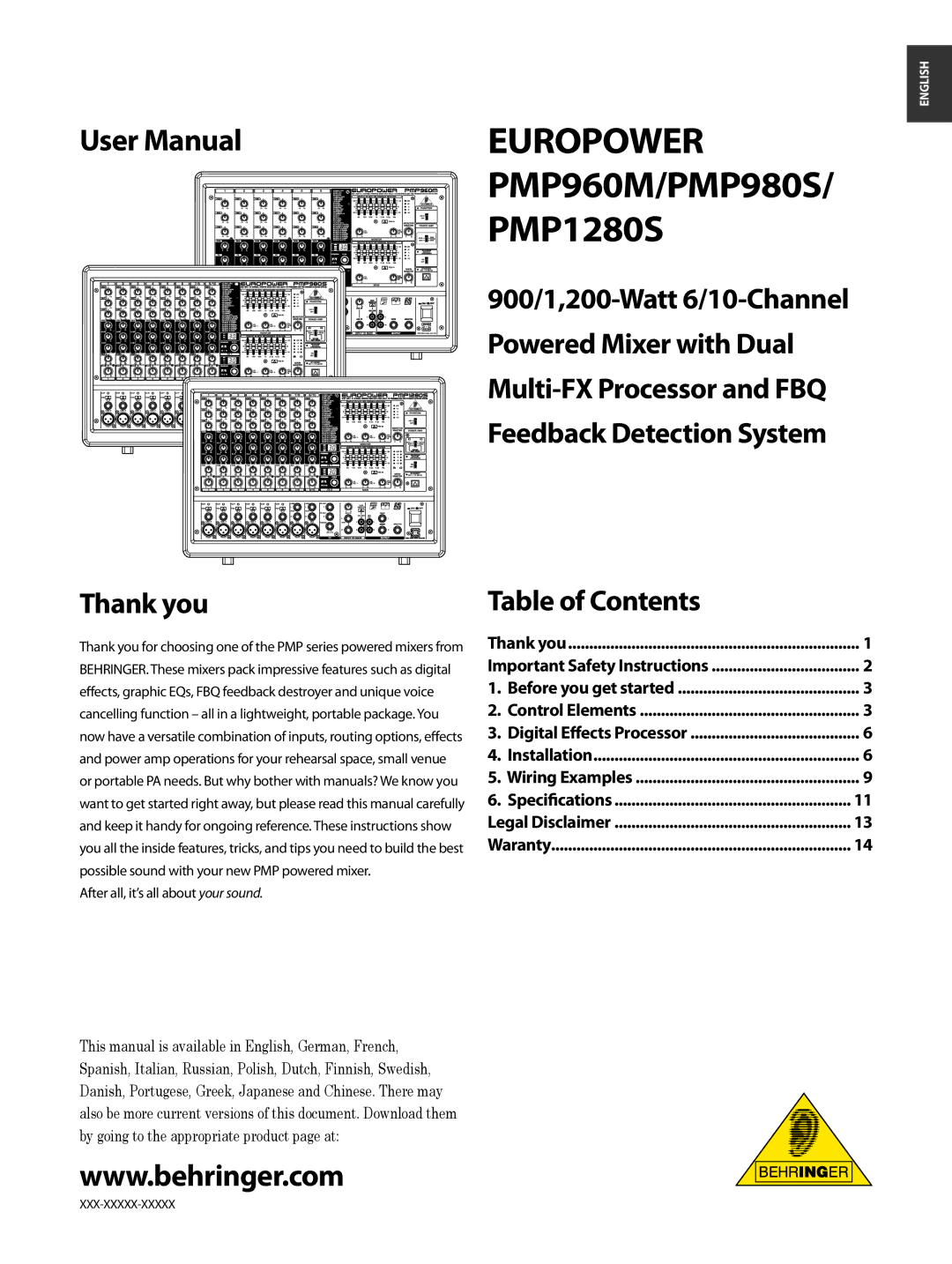 Behringer PMP1280S, PMP980S user manual Thank you, Table of Contents 