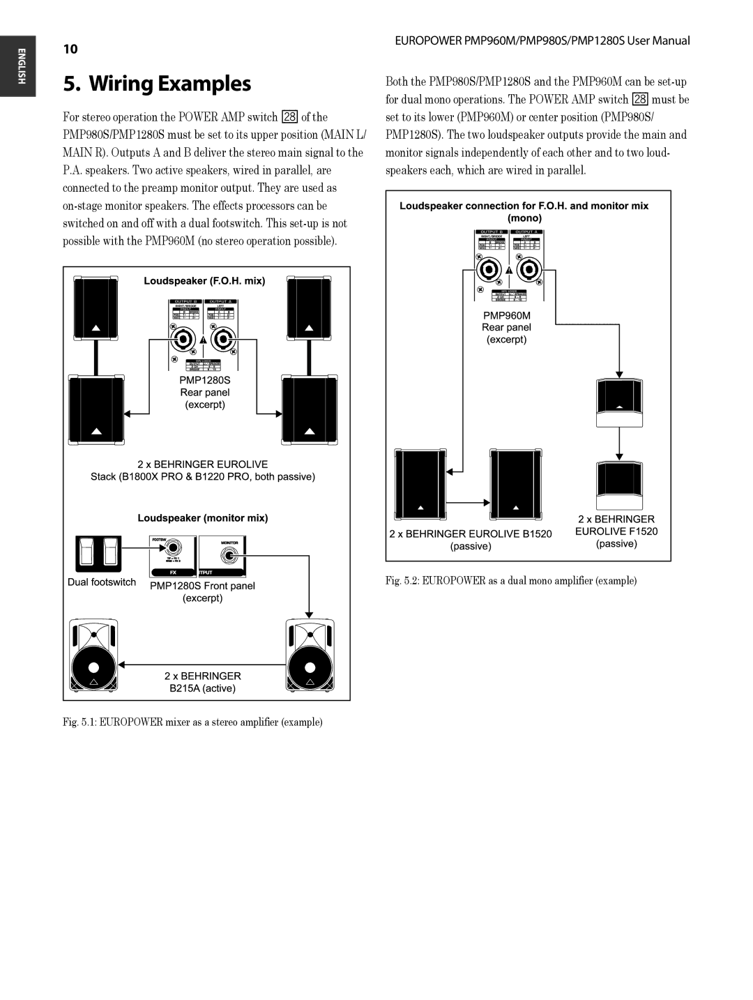 Behringer PMP980S, PMP1280S user manual Wiring Examples, Europower mixer as a stereo amplifier example 