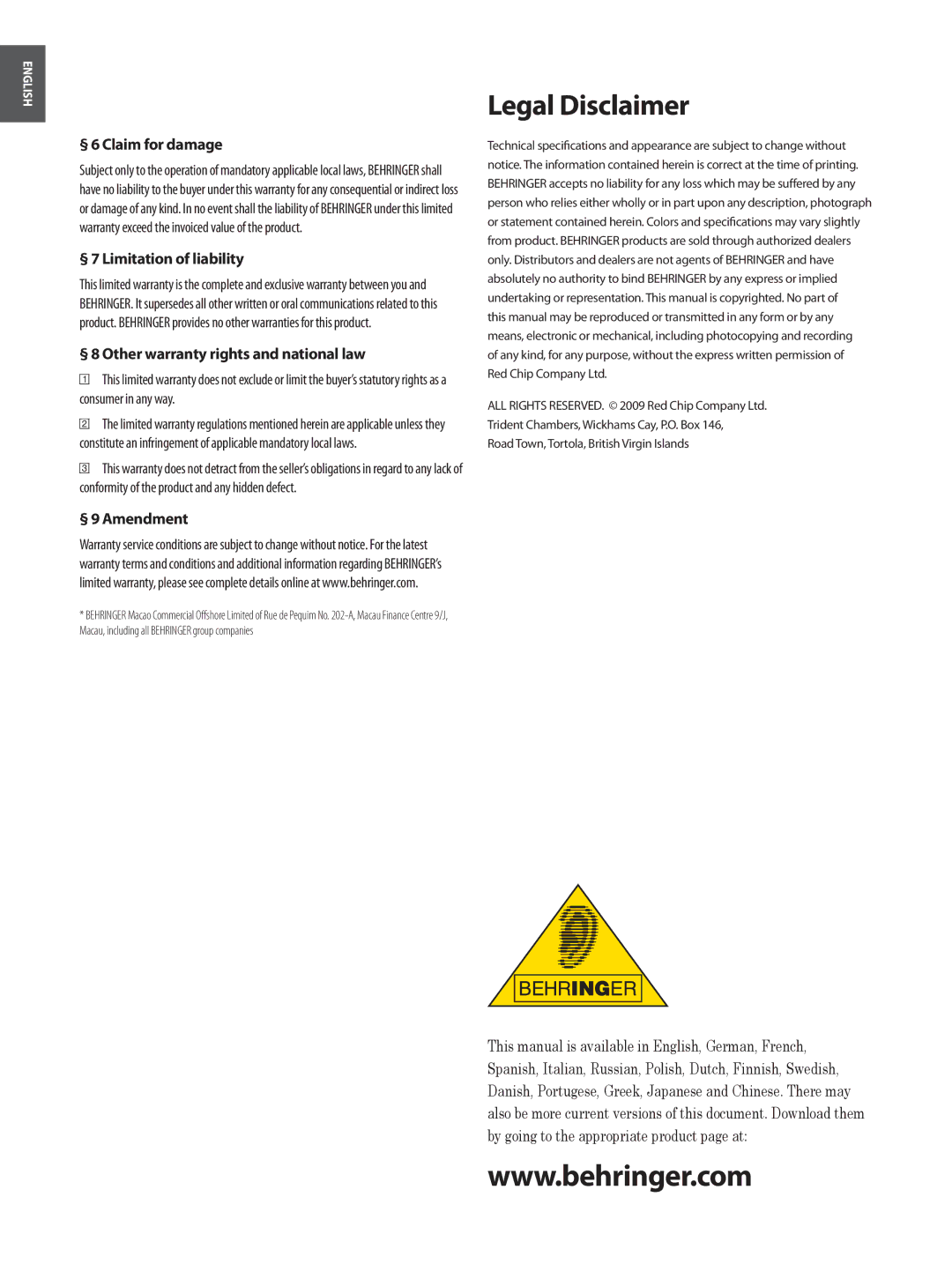 Behringer PMP980S, PMP1280S user manual Legal Disclaimer, § 6 Claim for damage 