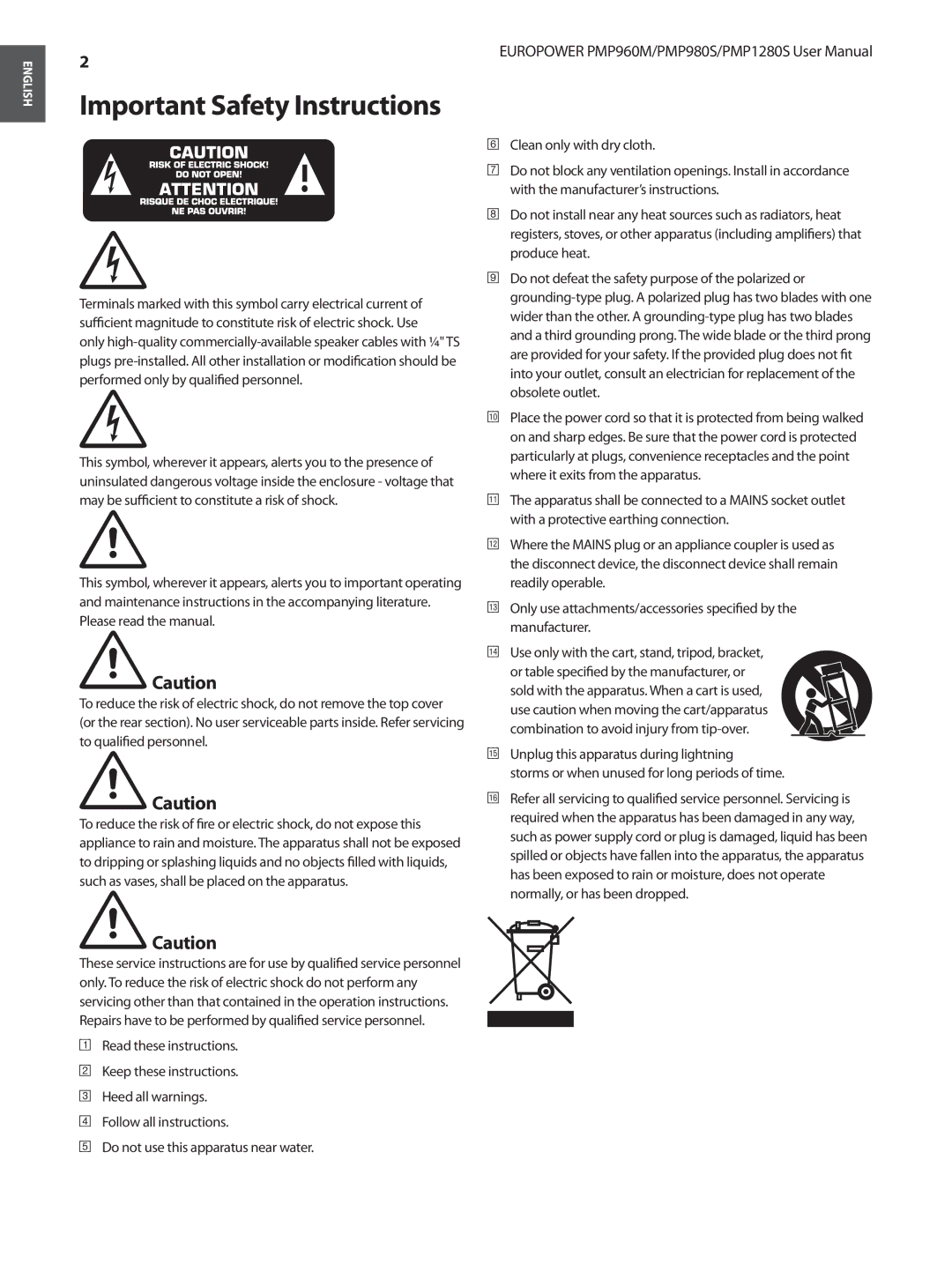 Behringer PMP980S, PMP1280S user manual Important Safety Instructions 