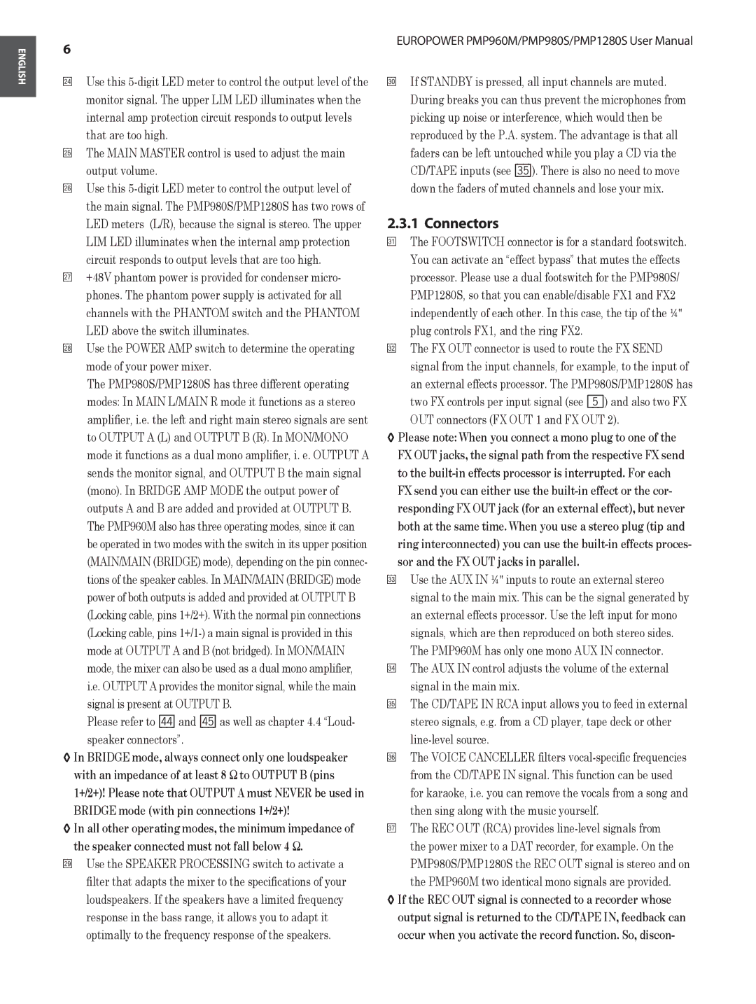 Behringer PMP980S, PMP1280S user manual Connectors 