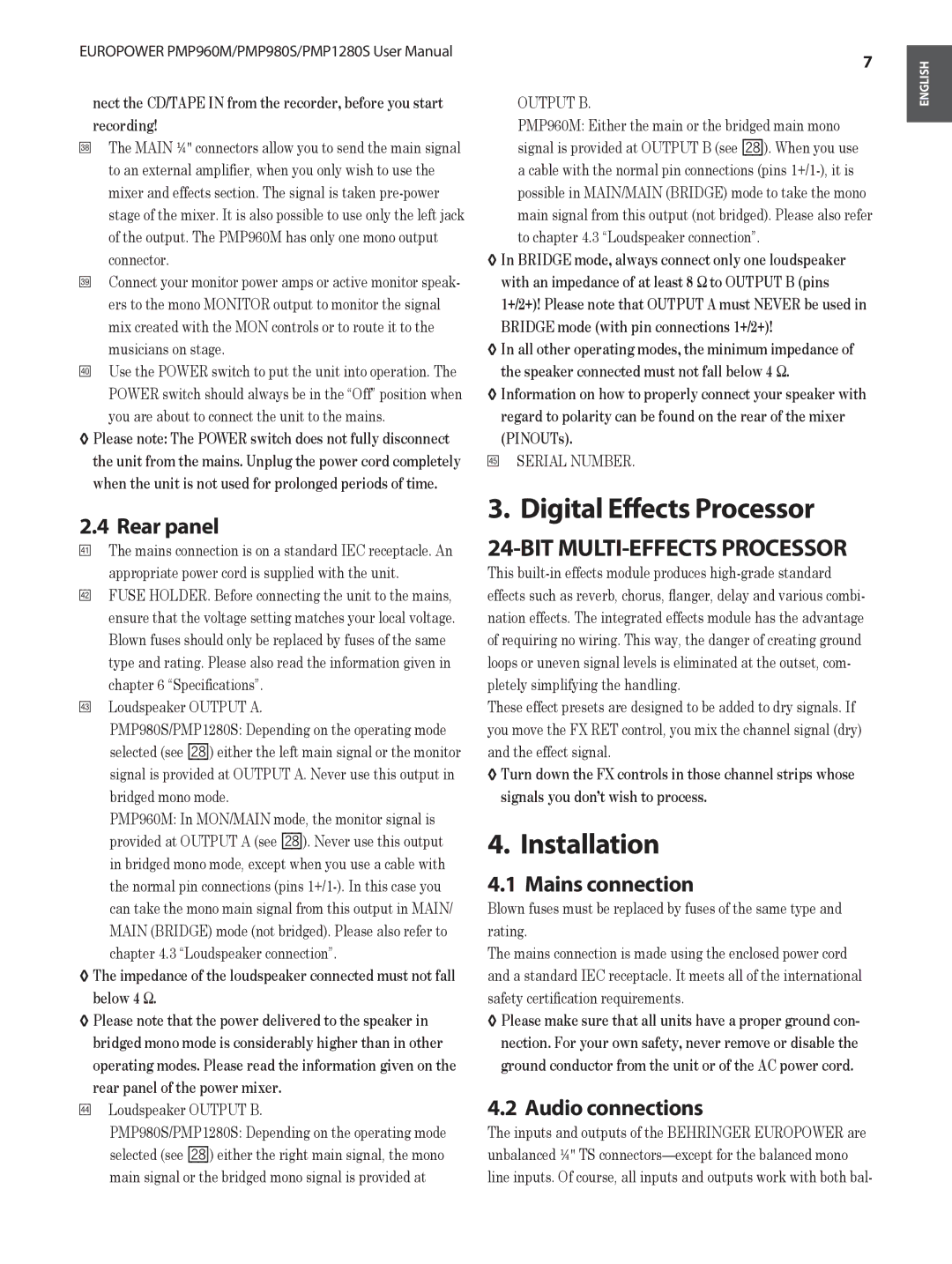 Behringer PMP1280S, PMP980S Digital Effects Processor, Installation, Rear panel, Mains connection, Audio connections 