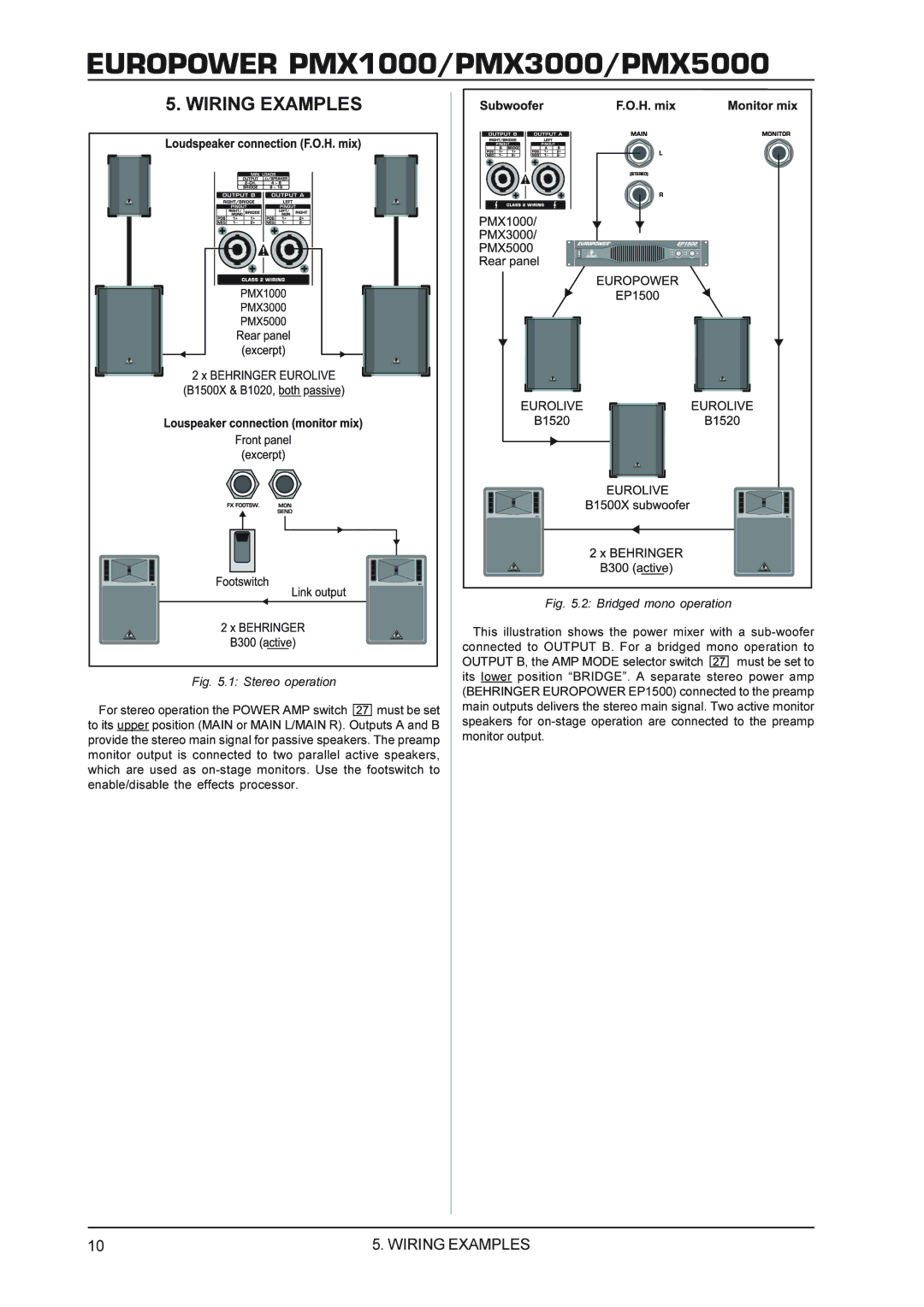 Behringer PMX1000, PMX3000, PMX5000 manual Wiring Examples, Stereo operation 