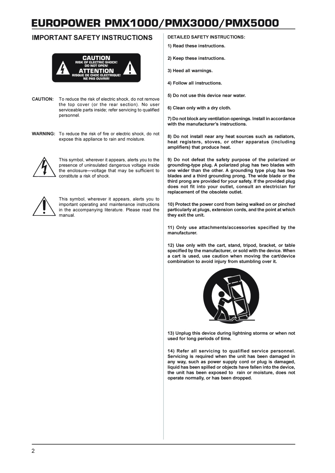 Behringer manual Europower PMX1000/PMX3000/PMX5000, Important Safety Instructions 