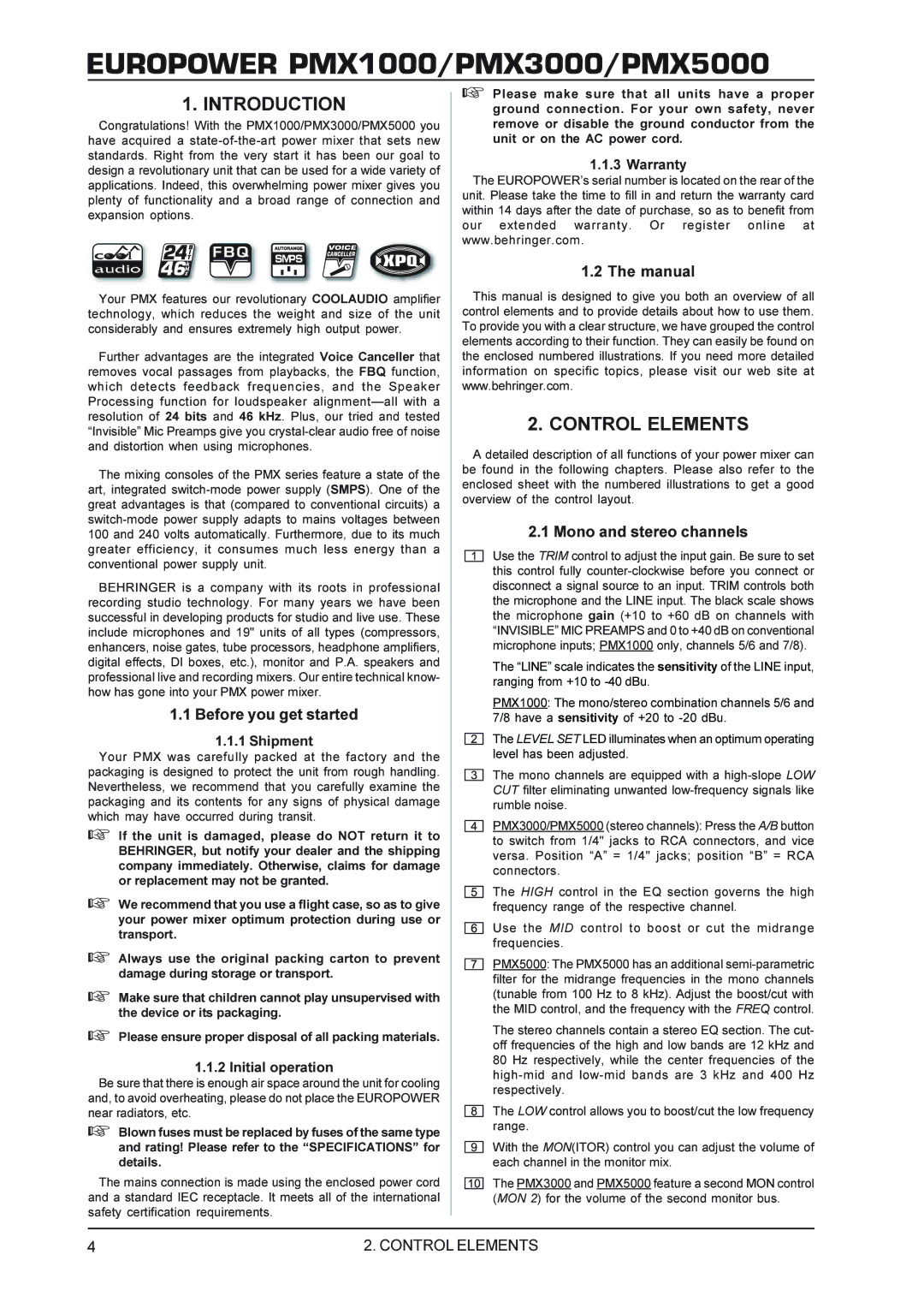 Behringer PMX1000, PMX3000 manual Introduction, Control Elements, Before you get started, Manual, Mono and stereo channels 