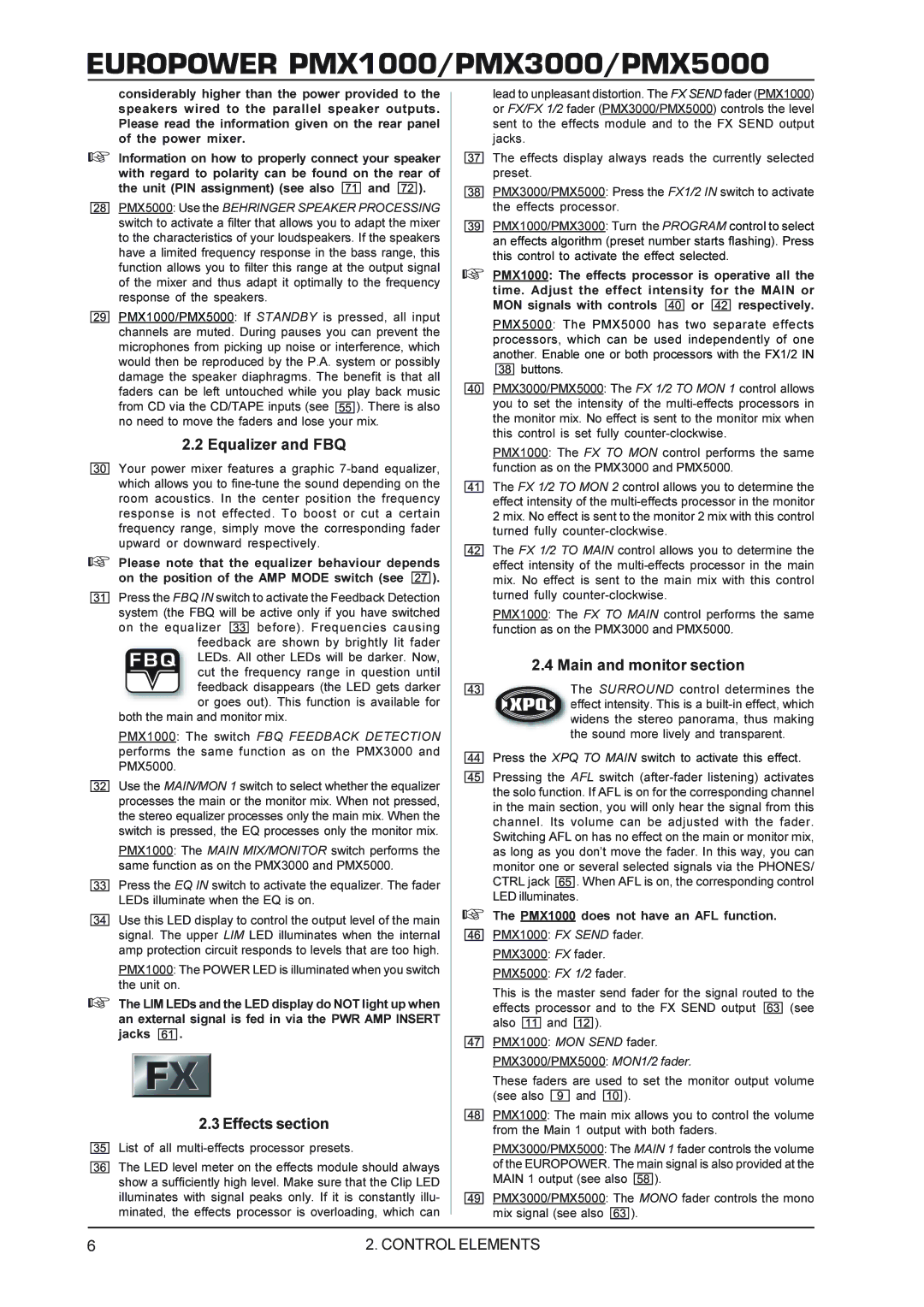 Behringer PMX3000, PMX1000, PMX5000 manual Equalizer and FBQ, Effects section, Main and monitor section 