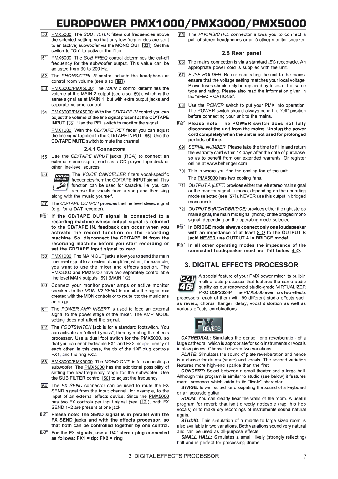 Behringer PMX1000, PMX3000, PMX5000 manual Digital Effects Processor, Rear panel, Connectors 