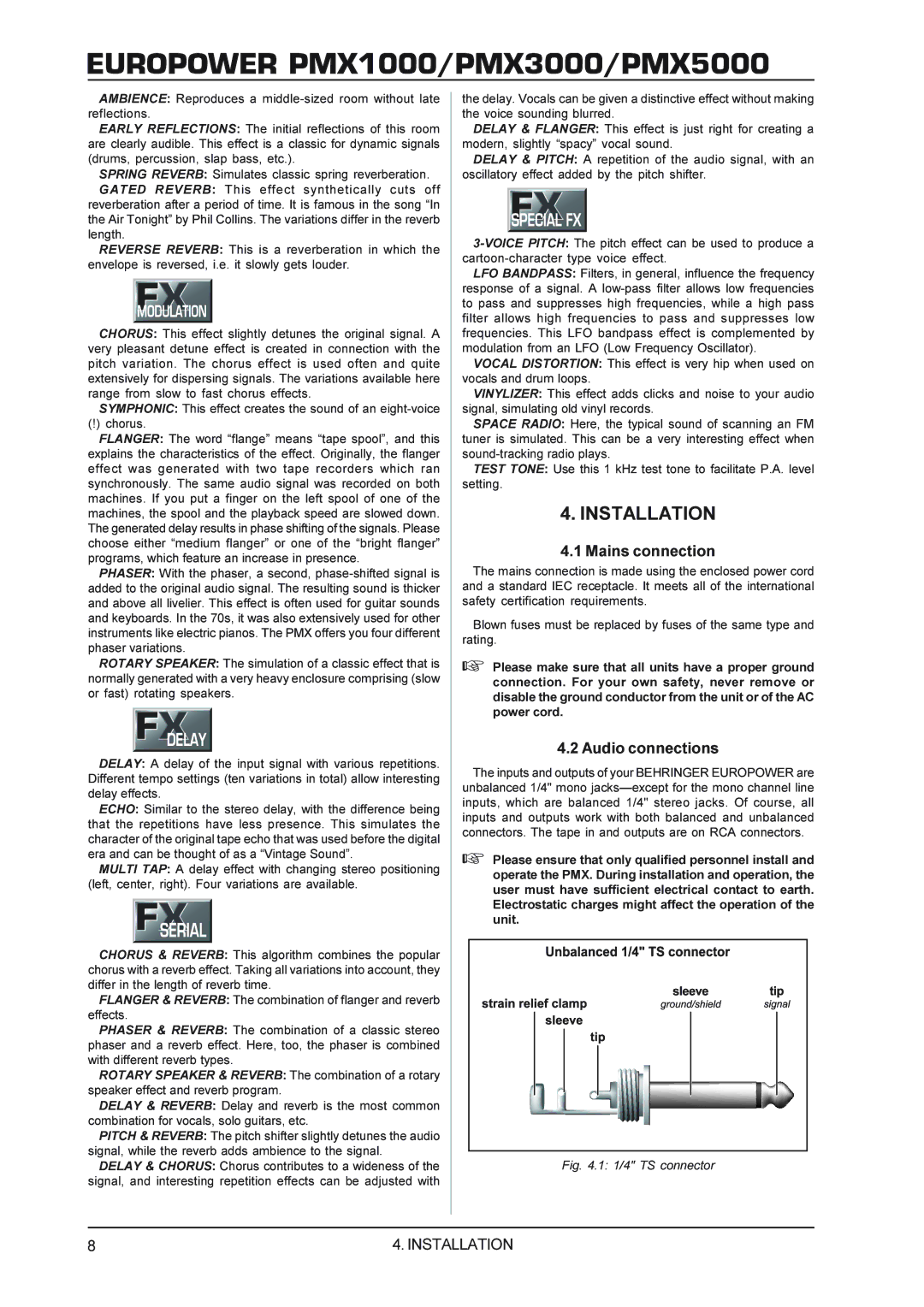 Behringer PMX5000, PMX3000, PMX1000 manual Installation, Mains connection, Audio connections 