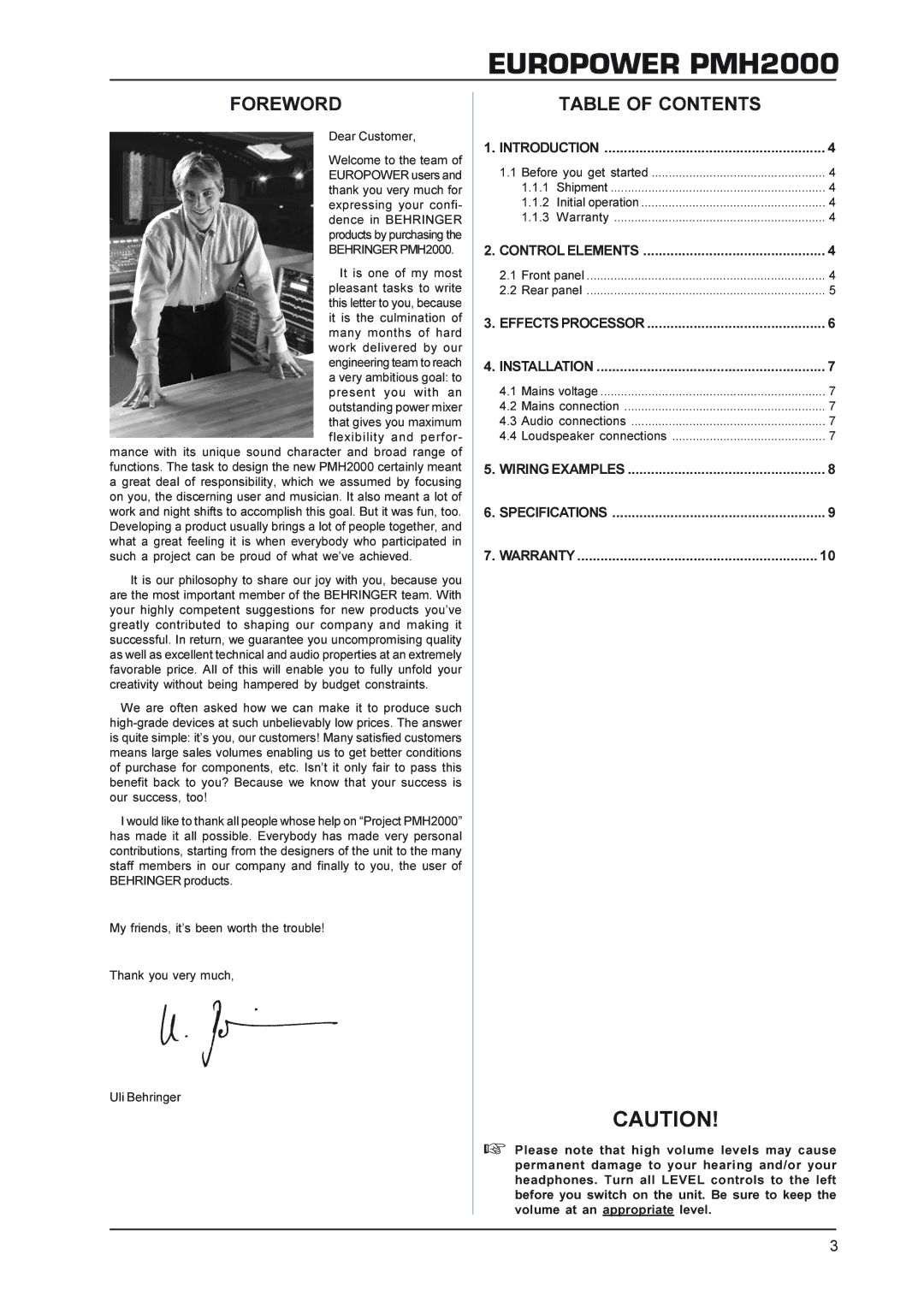 Behringer Power Mixer manual Foreword, Table of Contents 