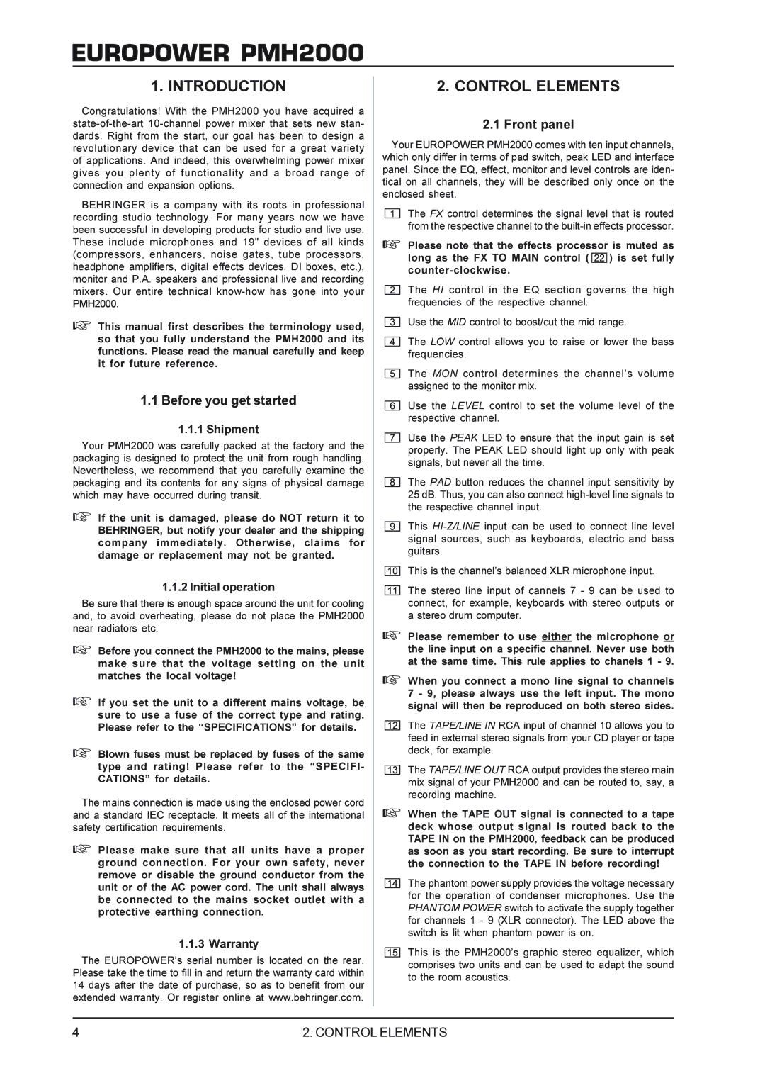 Behringer Power Mixer manual Introduction, Control Elements, Before you get started, Front panel 