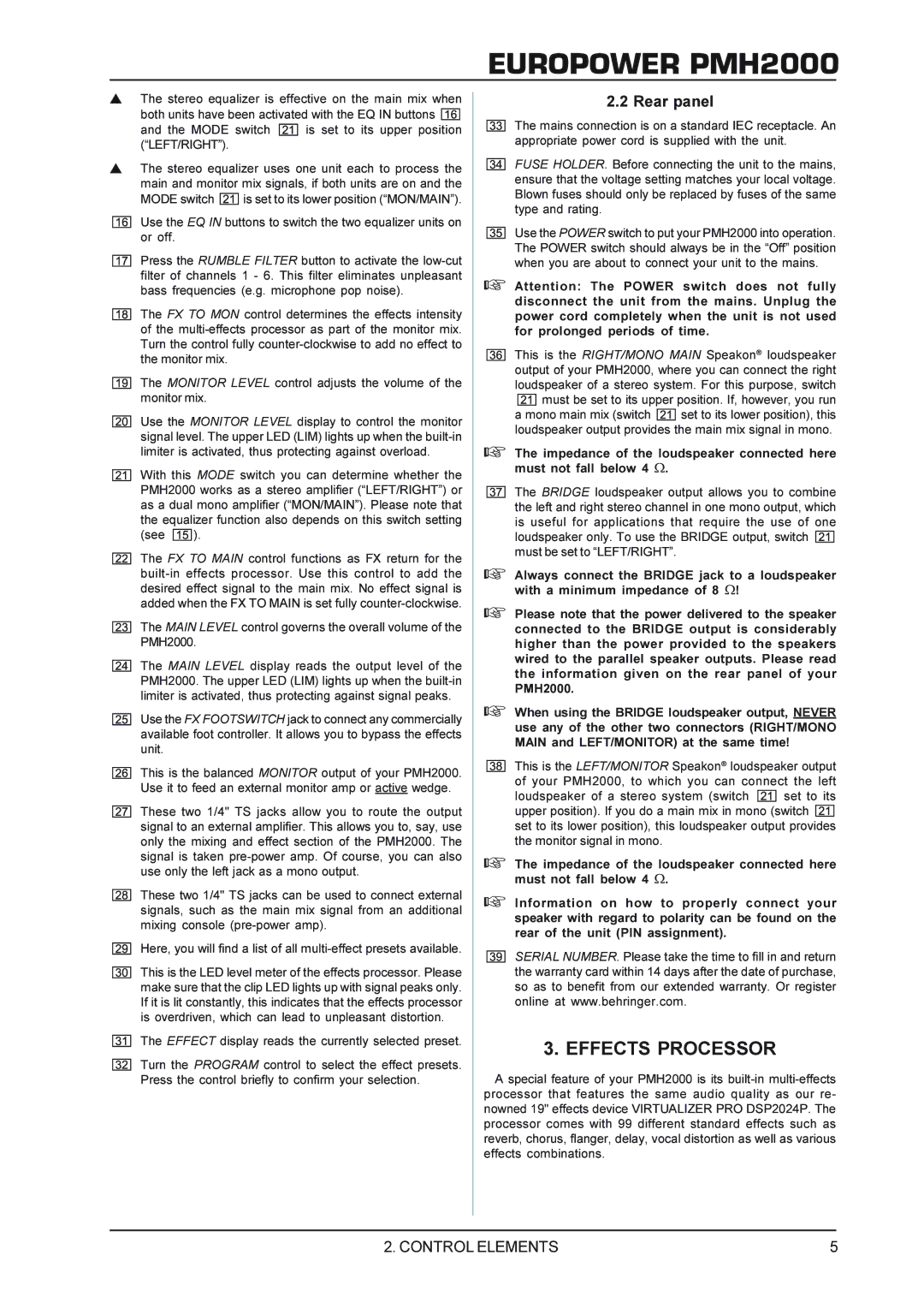 Behringer Power Mixer manual Effects Processor, Rear panel, See 