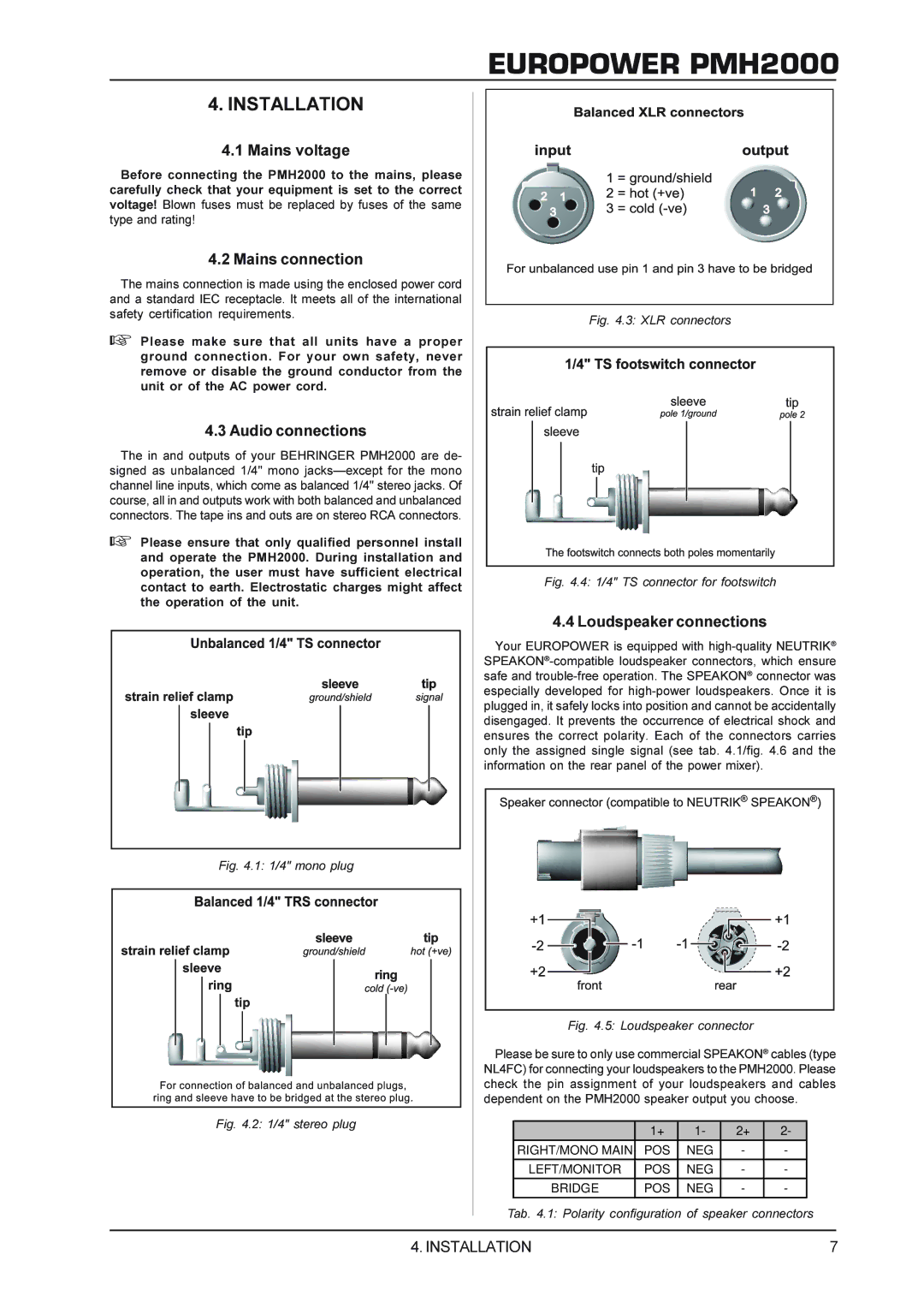 Behringer Power Mixer manual Installation, Mains voltage, Mains connection, Audio connections, Loudspeaker connections 