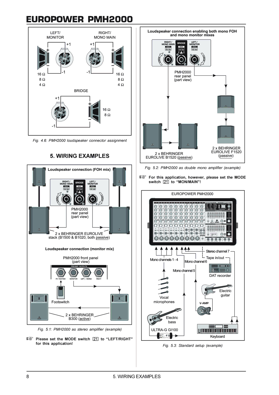 Behringer Power Mixer manual Wiring Examples, PMH2000 loudspeaker connector assignment 