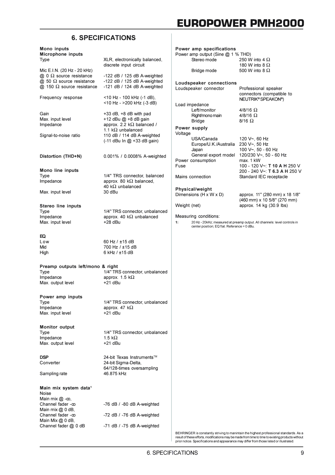 Behringer Power Mixer manual Specifications, Neutrik Speakon, Dsp 