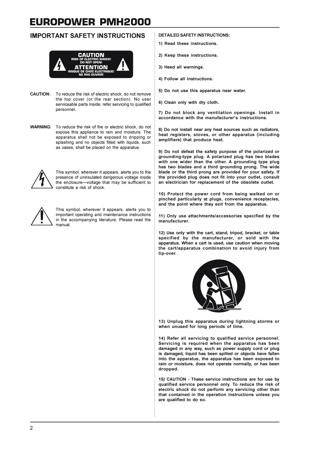Behringer Power Mixer manual EUROPOWER PMH2000, Important Safety Instructions 