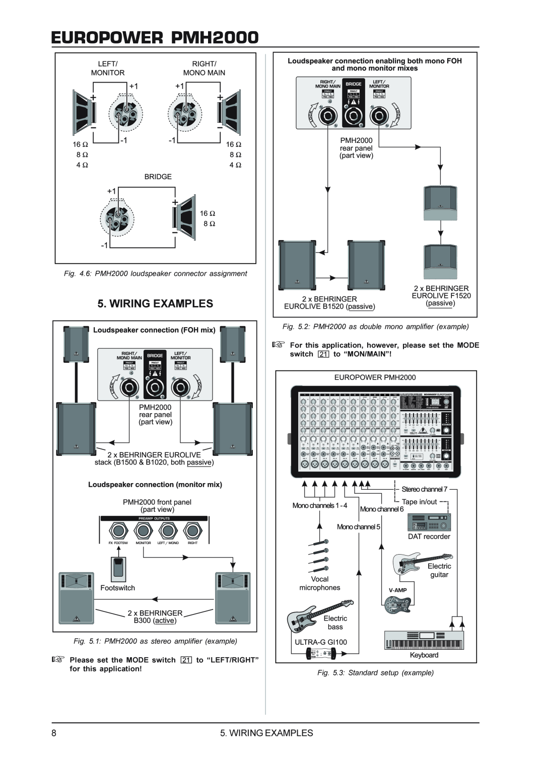 Behringer Power Mixer Wiring Examples, 6 PMH2000 loudspeaker connector assignment, 1 PMH2000 as stereo amplifier example 