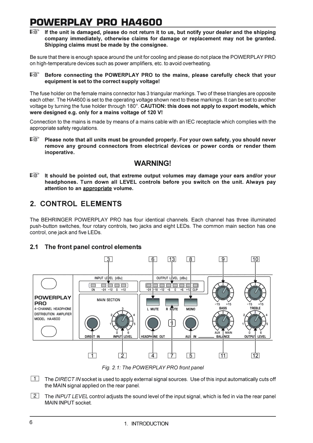 Behringer Powerplay Pro HA4600 manual Control Elements, Front panel control elements 