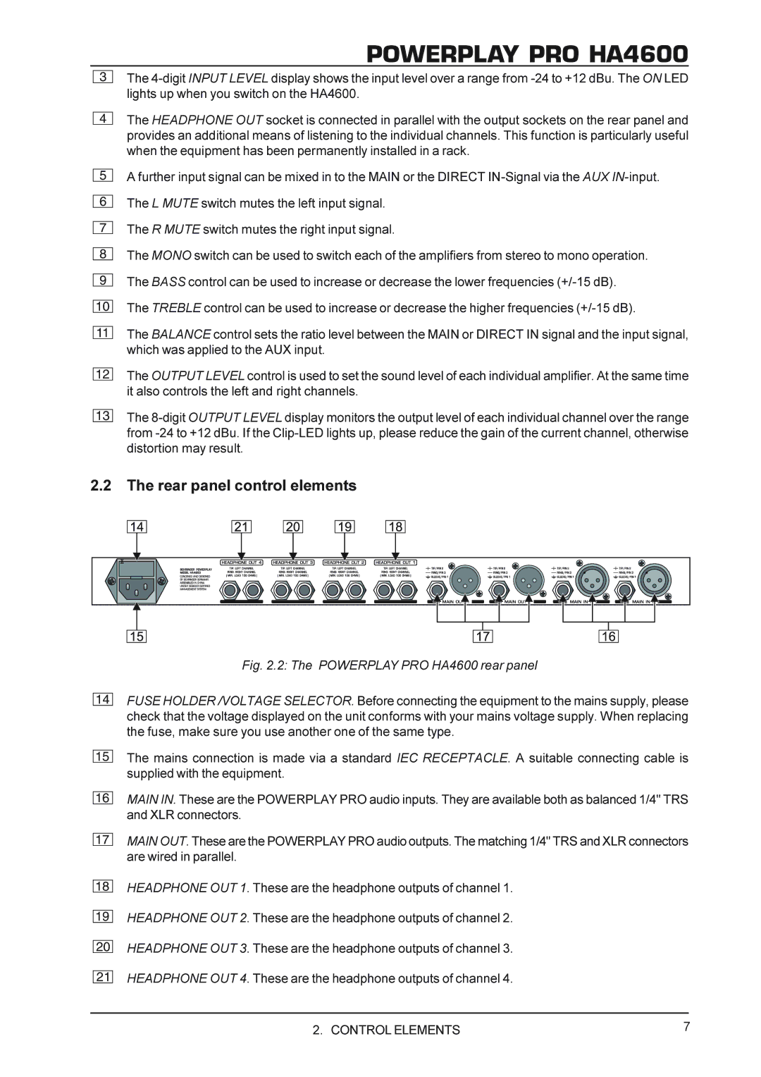 Behringer Powerplay Pro HA4600 manual Rear panel control elements, Powerplay PRO HA4600 rear panel 