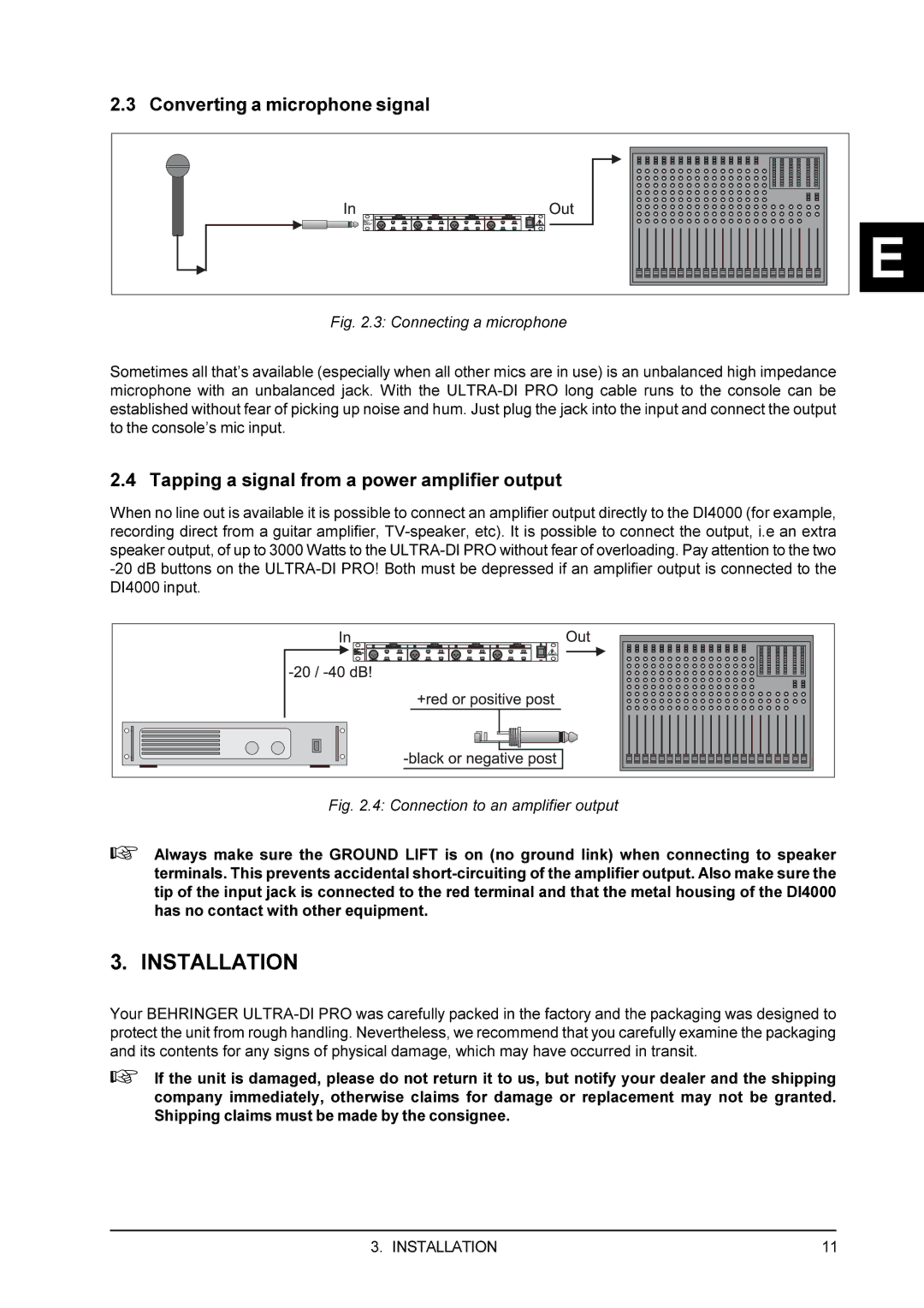 Behringer PRODI4000 Installation, Converting a microphone signal, Tapping a signal from a power amplifier output 