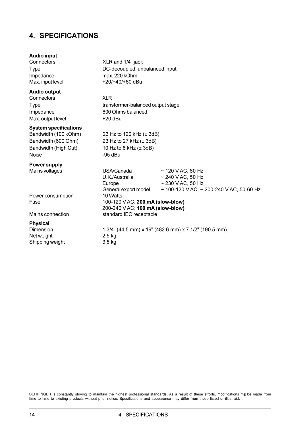 Behringer PRODI4000 user manual Specifications, Xlr 