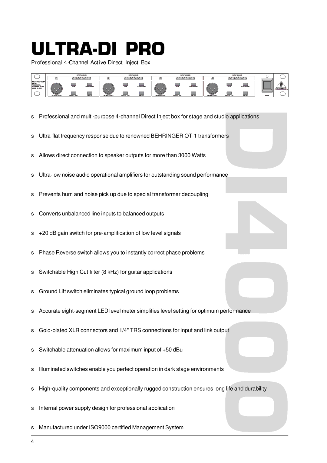 Behringer PRODI4000 user manual Ultra-Di Pro 