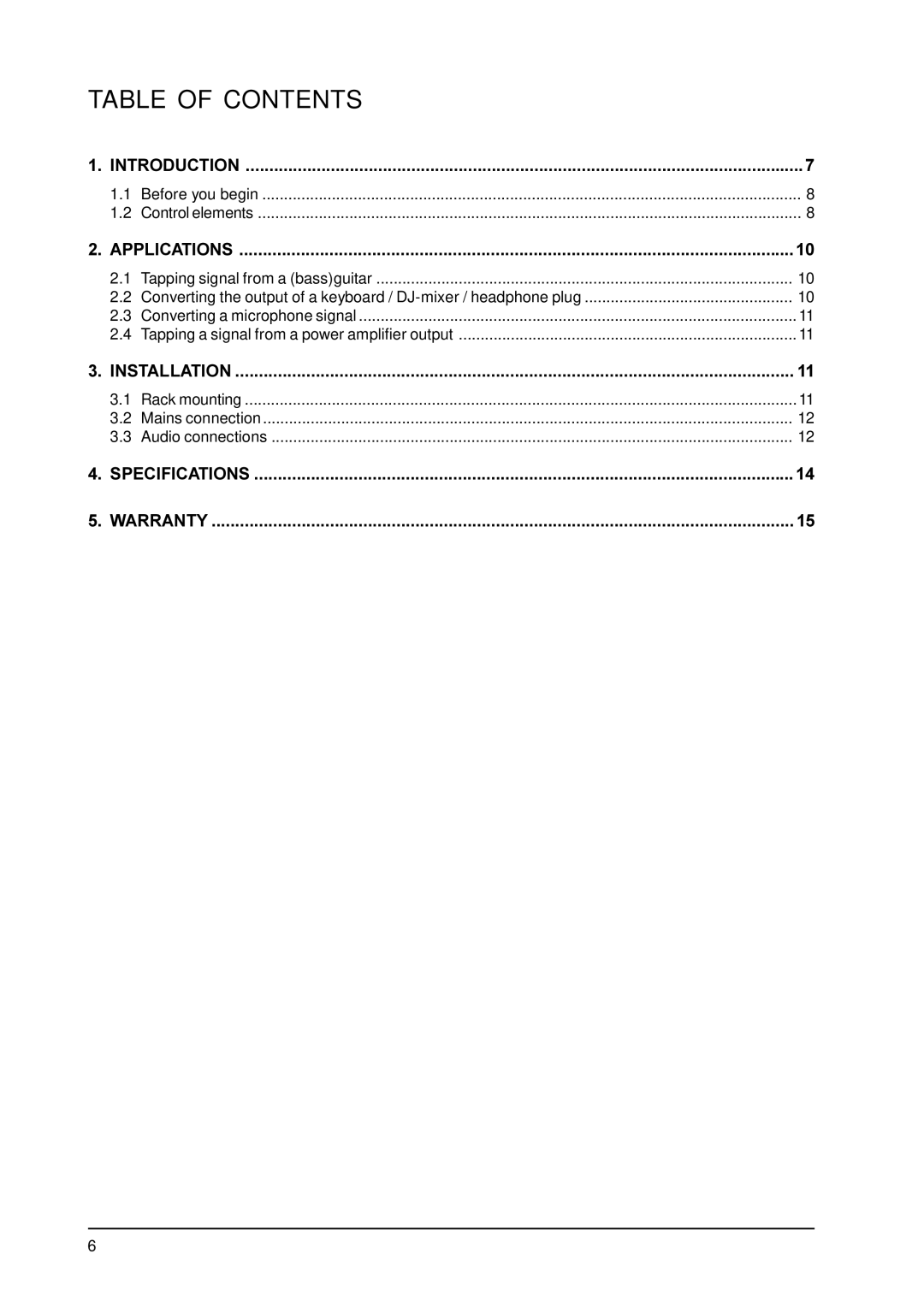 Behringer PRODI4000 user manual Table of Contents 