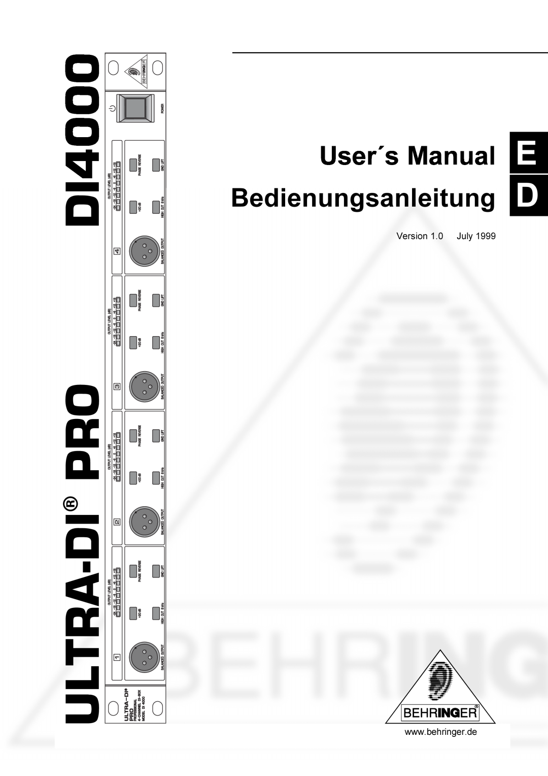 Behringer PRODI4000 user manual User´s Manual E Bedienungsanleitung D, Ultra-Dipro 