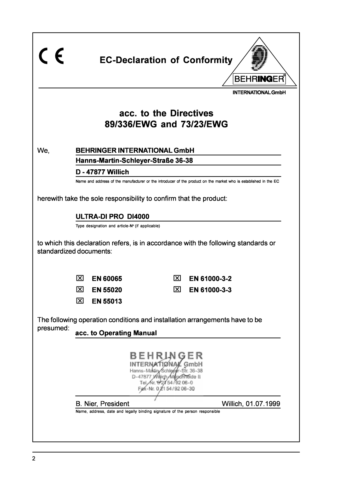 Behringer PRODI4000 user manual EC-Declarationof Conformity, acc. to the Directives, 89/336/EWG and 73/23/EWG 