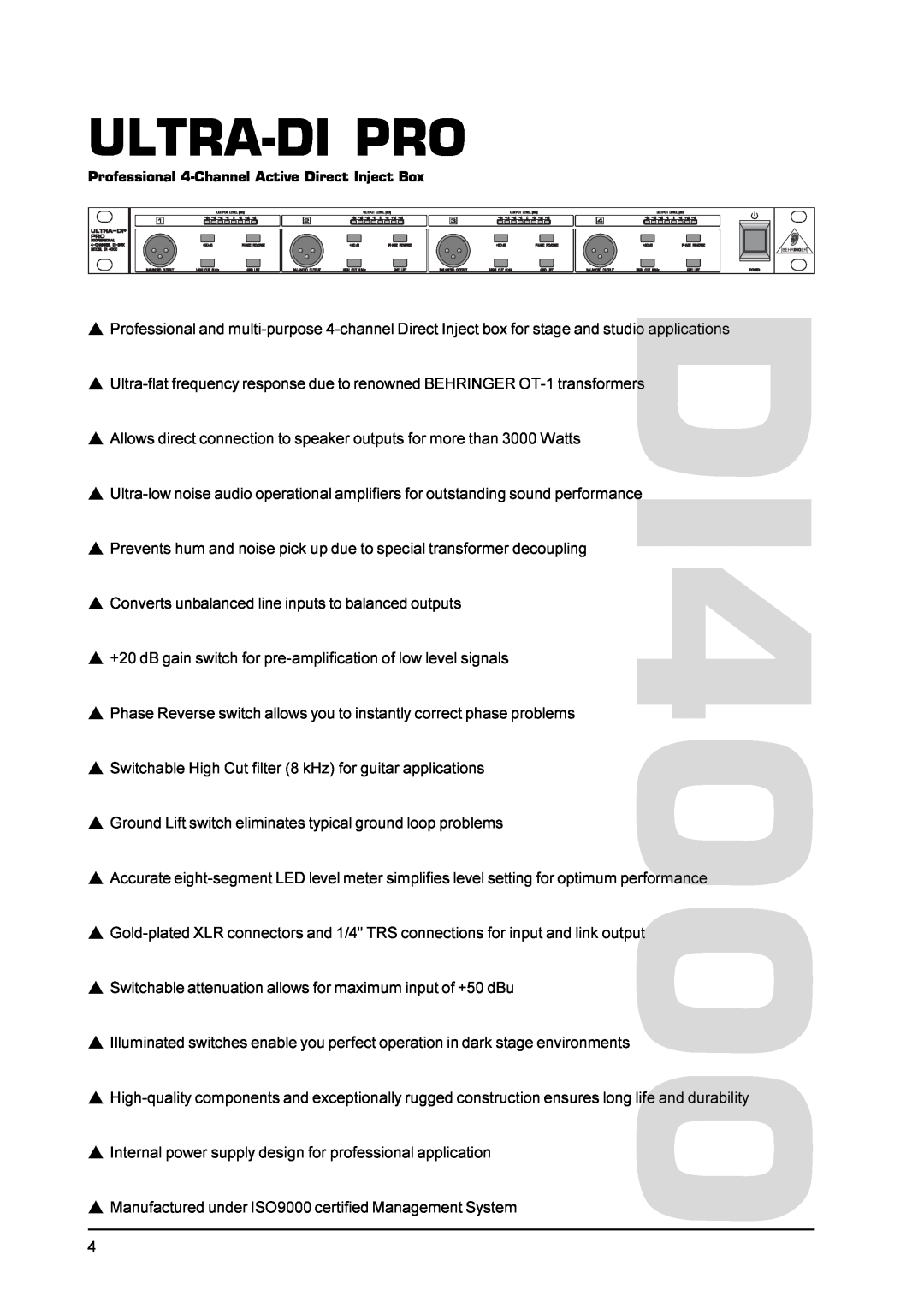 Behringer PRODI4000 user manual Ultra-Dipro, Professional 4-ChannelActive Direct Inject Box 
