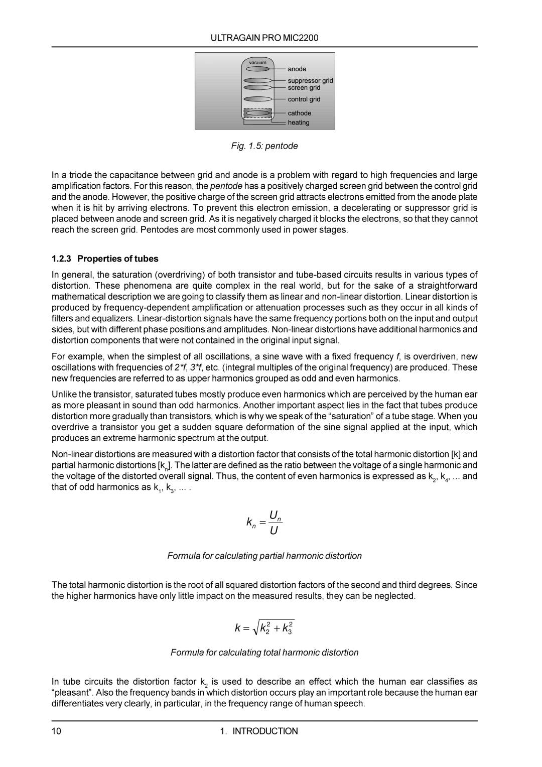 Behringer PROMIC2200 manual k= k22 + k32, 5 pentode, Formula for calculating total harmonic distortion 