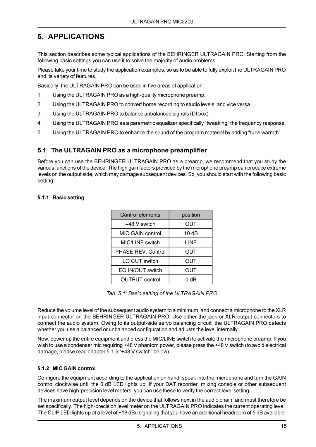 Behringer PROMIC2200 manual Applications, Tab. 5.1 Basic setting of the ULTRAGAIN PRO 