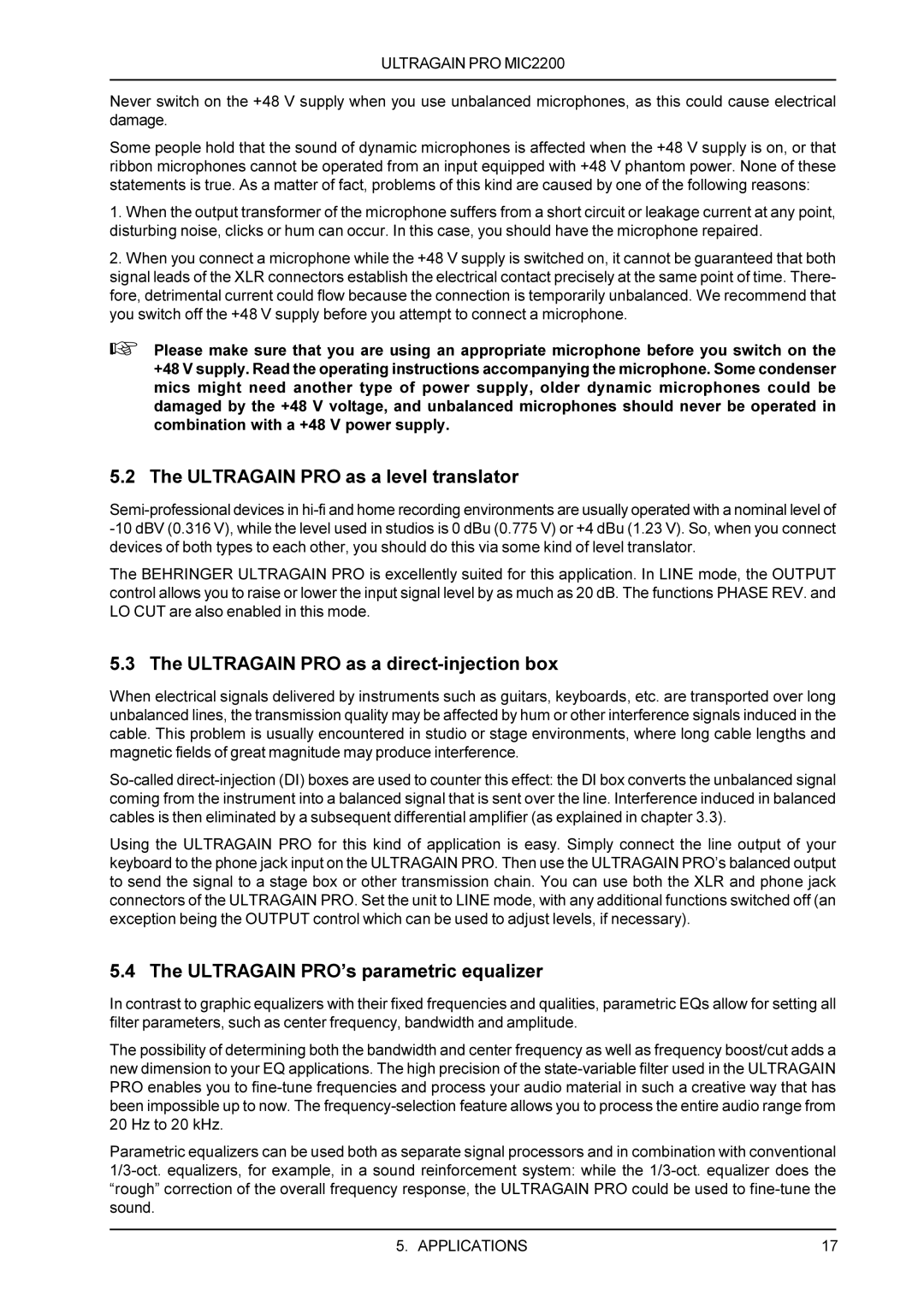 Behringer PROMIC2200 manual The ULTRAGAIN PRO as a level translator, The ULTRAGAIN PRO as a direct-injectionbox 