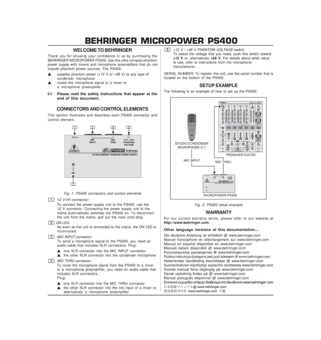 Behringer PS400 warranty Welcome to Behringer, Connectors and Control Elements, Setup Example, Warranty 