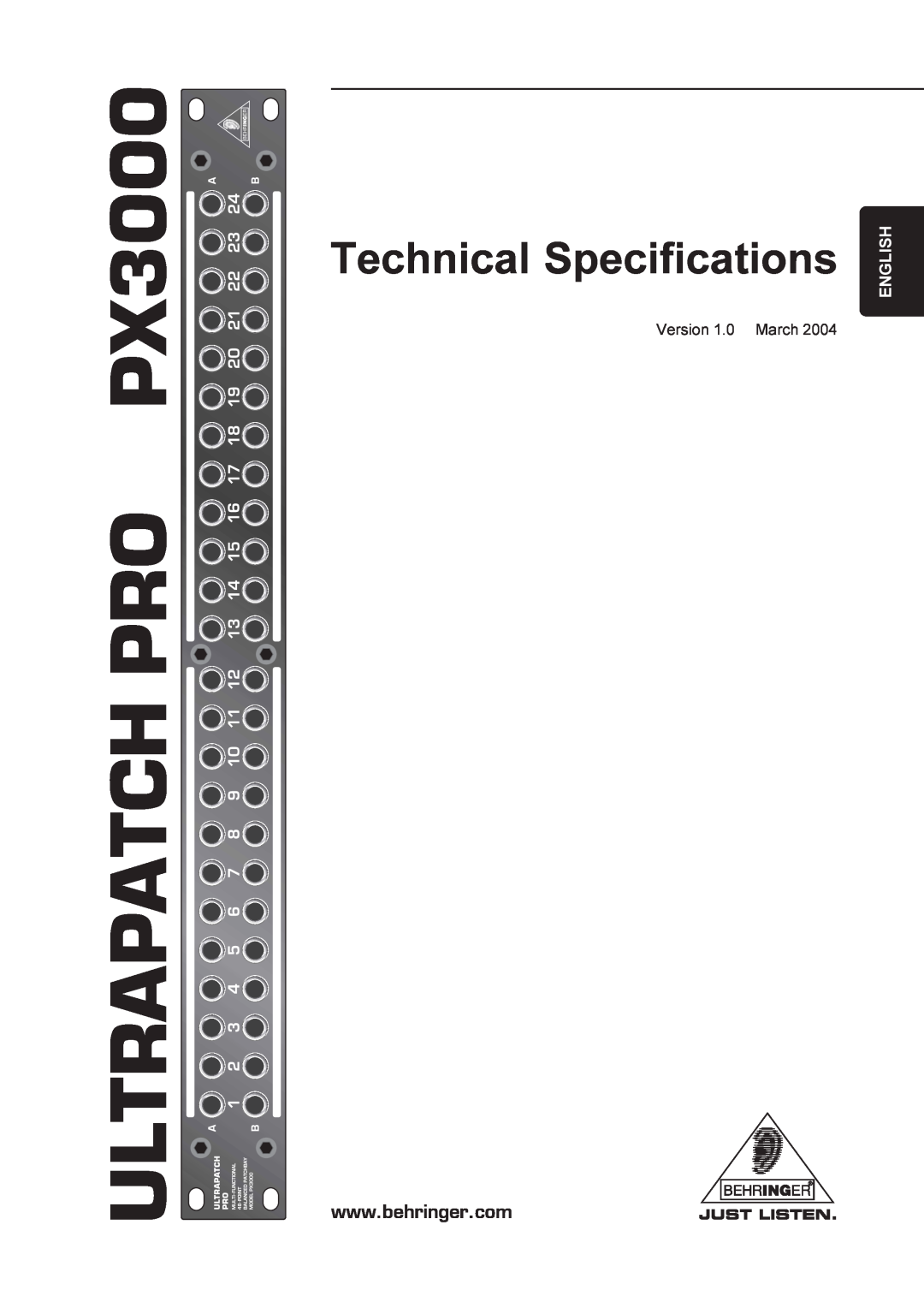Behringer PX3000 technical specifications English, Ultrapatch Pro, Technical Specifications 
