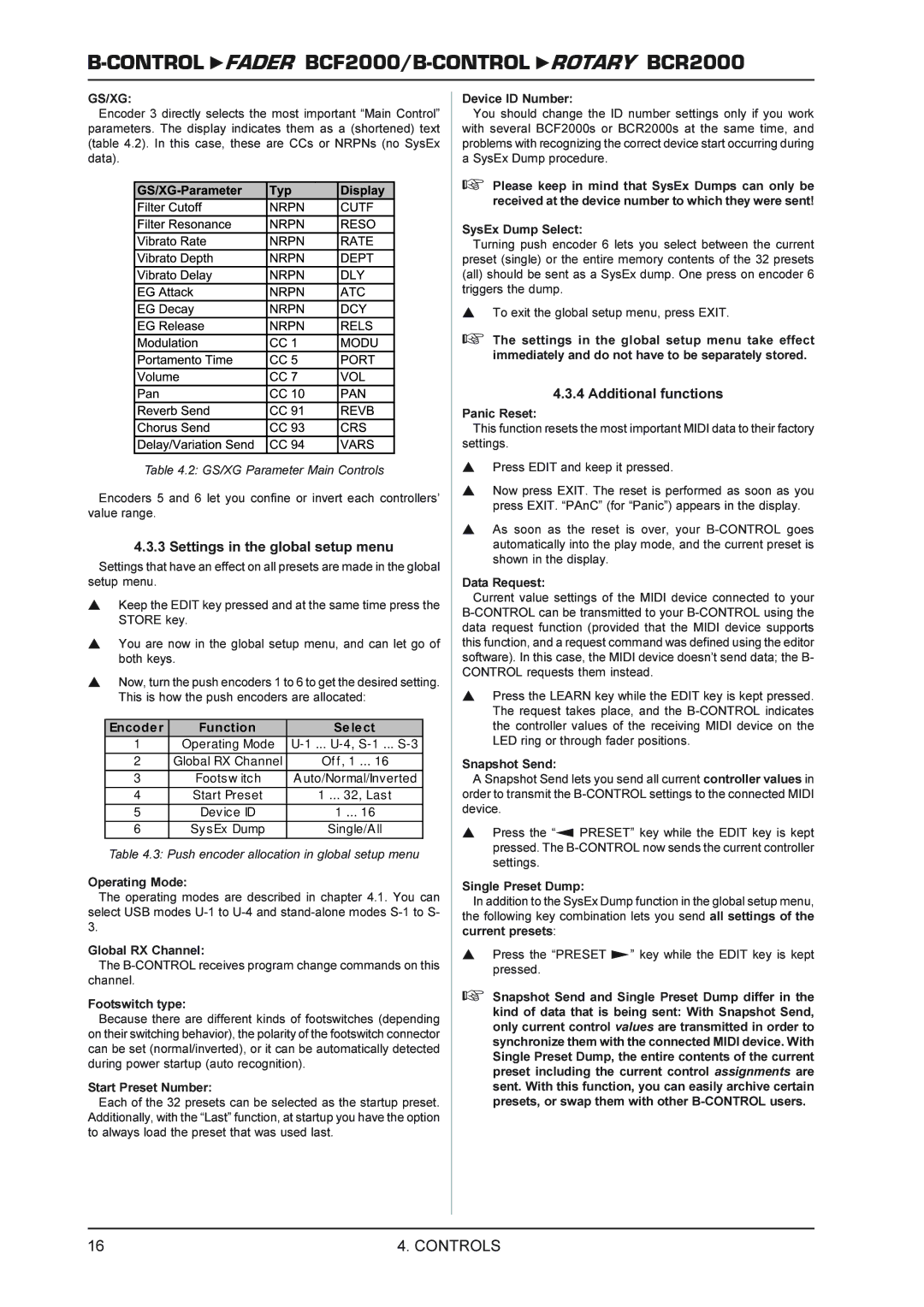 Behringer ROTARY BCR2000, FADERB CF2000B manual Settings in the global setup menu, Additional functions, Gs/Xg 