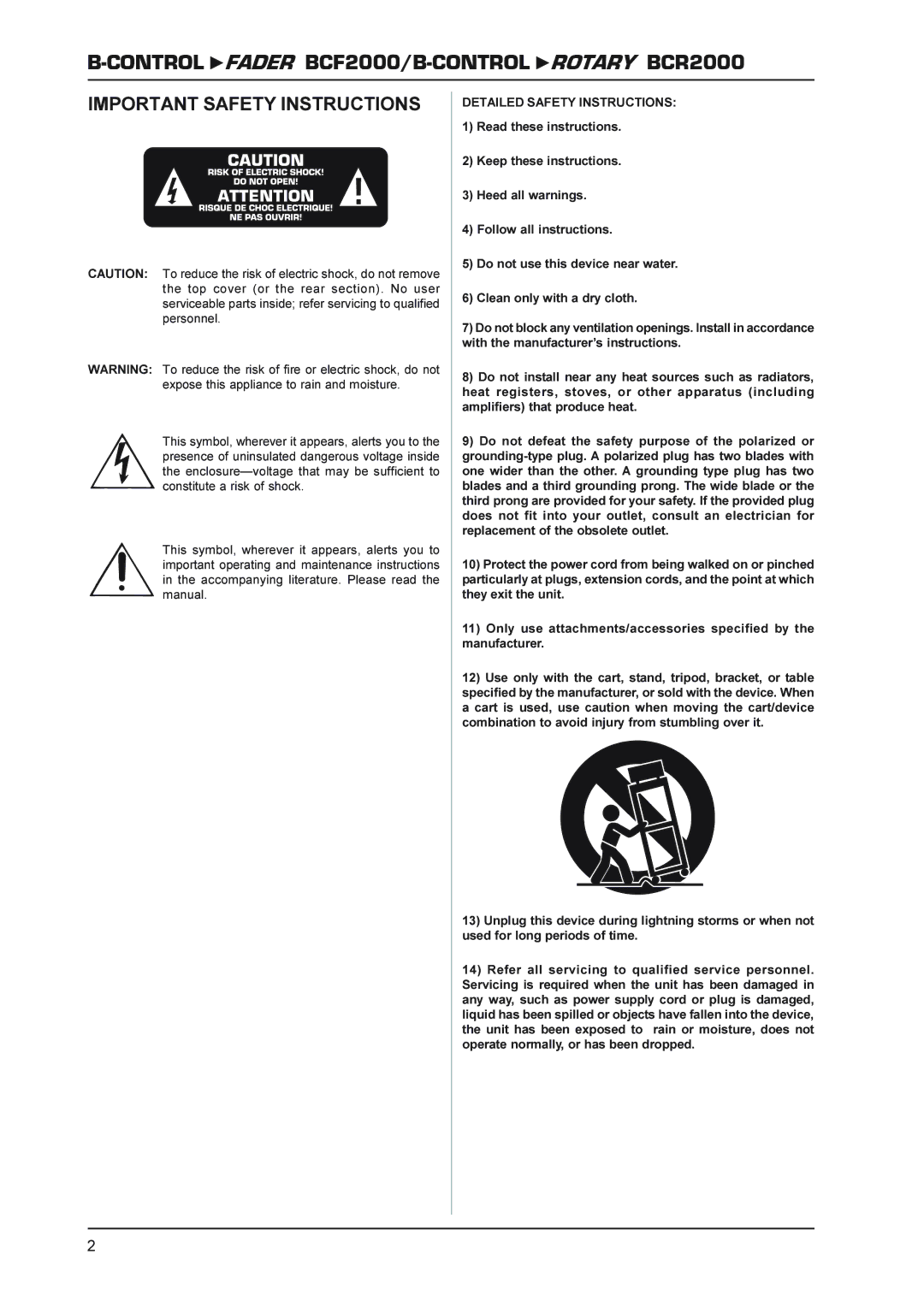 Behringer ROTARY BCR2000, FADERB CF2000B manual Important Safety Instructions, Detailed Safety Instructions 