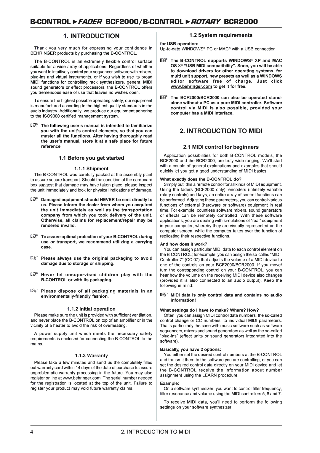 Behringer ROTARY BCR2000 Introduction to Midi, Before you get started, System requirements, Midi control for beginners 