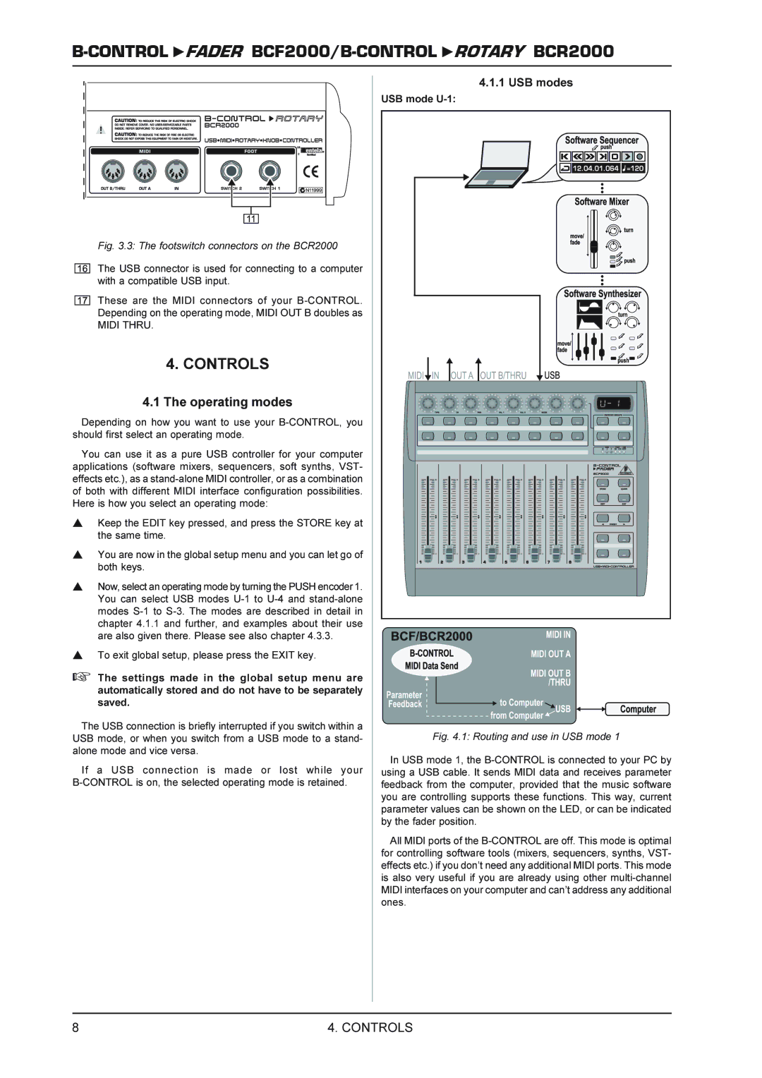 Behringer ROTARY BCR2000, FADERB CF2000B manual Controls, Operating modes, USB modes, Midi Thru, USB mode U-1 