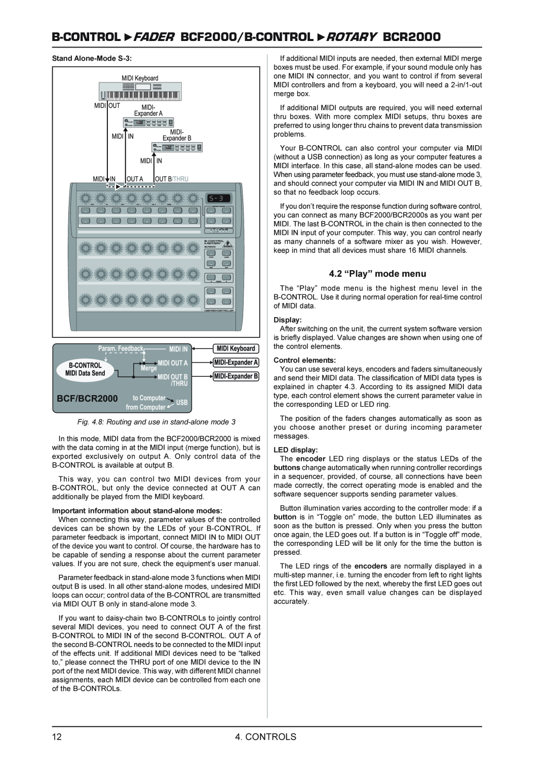 Behringer FADERB CF2000B manual 4.2 “Play” mode menu, B-CONTROL FADER BCF2000/B-CONTROL ROTARY BCR2000, Controls 