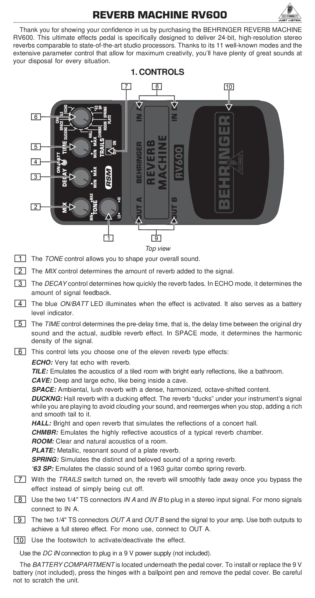 Behringer manual Reverb Machine RV600, Controls, Top view 