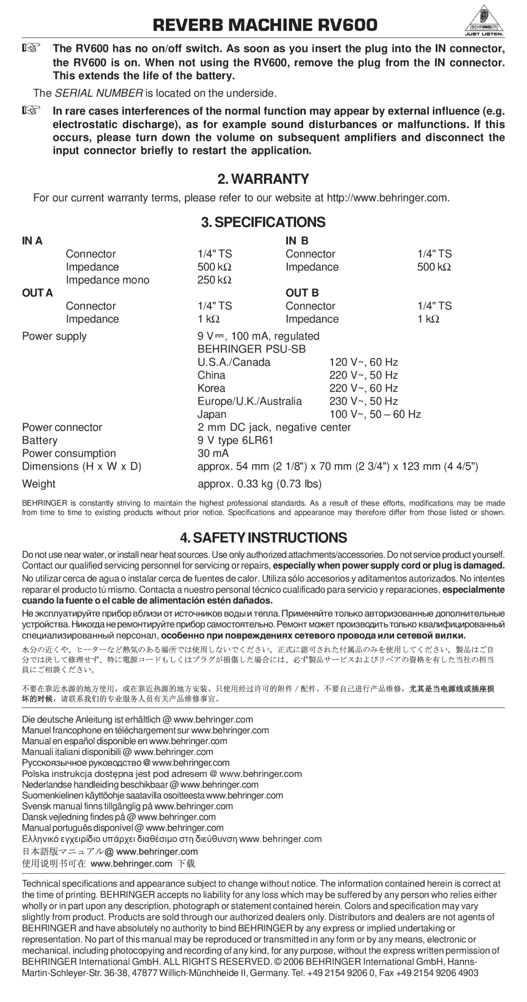 Behringer RV600 manual Warranty Specifications, Safety Instructions, OUT a OUT B, Behringer PSU-SB 