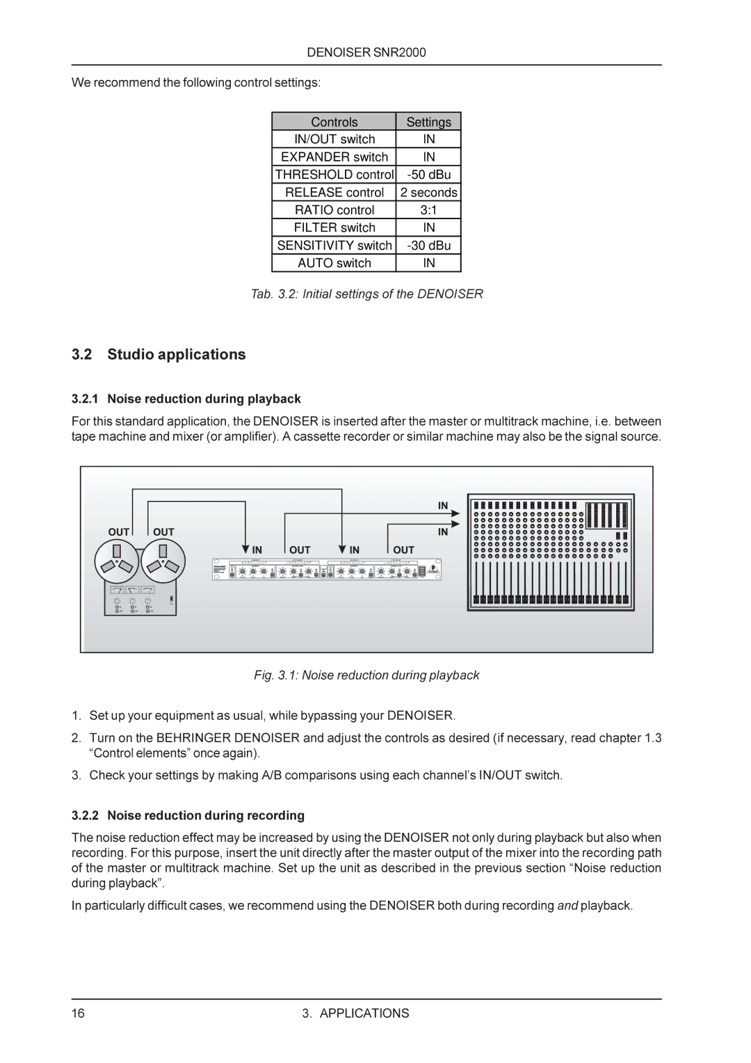 Behringer SNR2000 manual Studio applications, We recommend the following control settings 