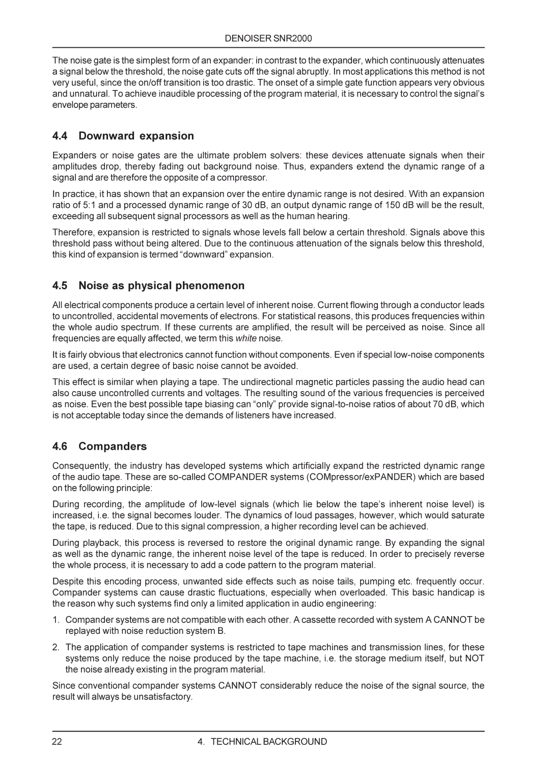 Behringer SNR2000 manual Downward expansion, Noise as physical phenomenon, Companders 