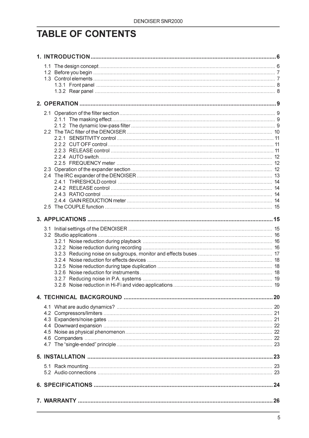 Behringer SNR2000 manual Table of Contents 