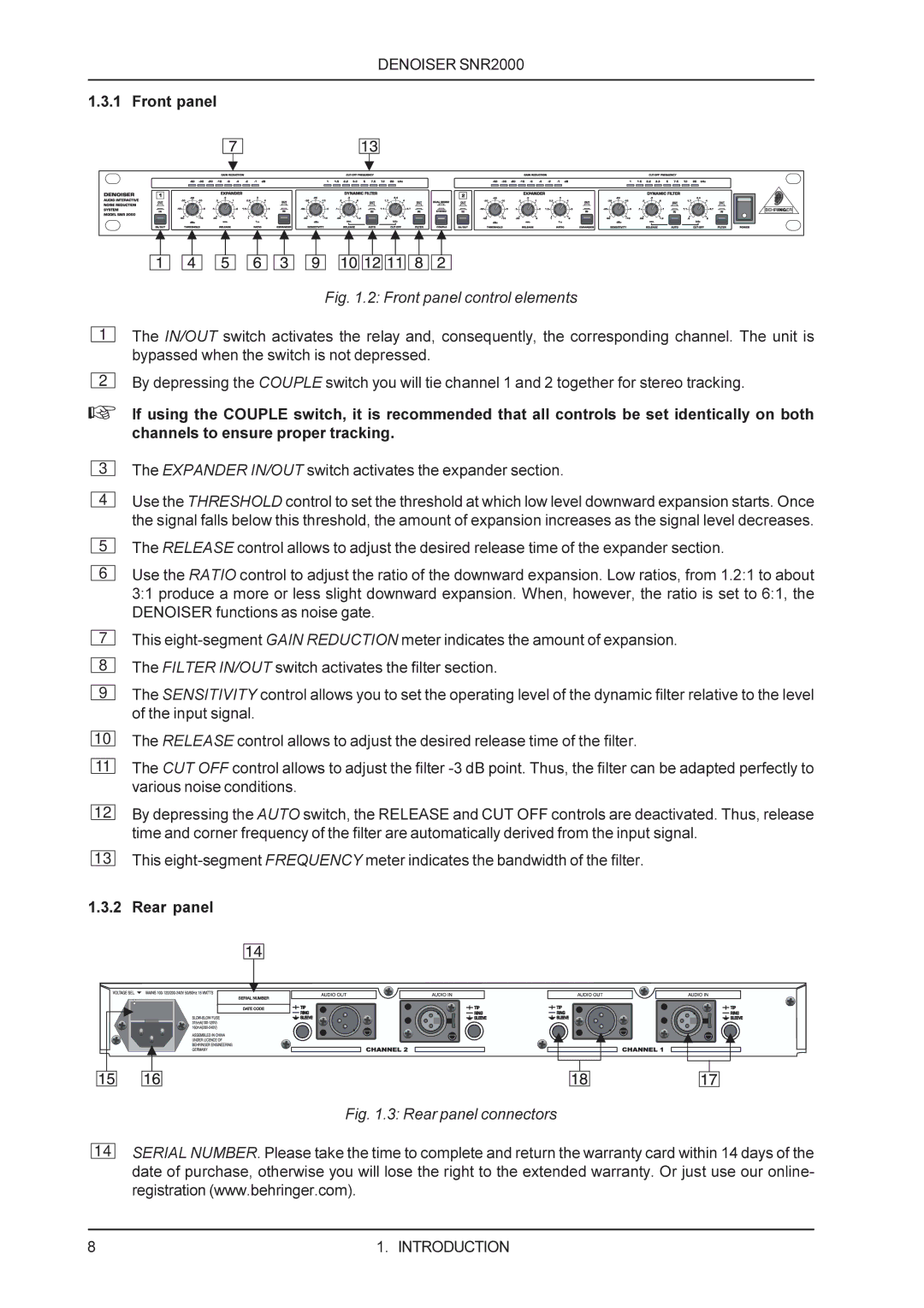 Behringer SNR2000 manual Front panel control elements 