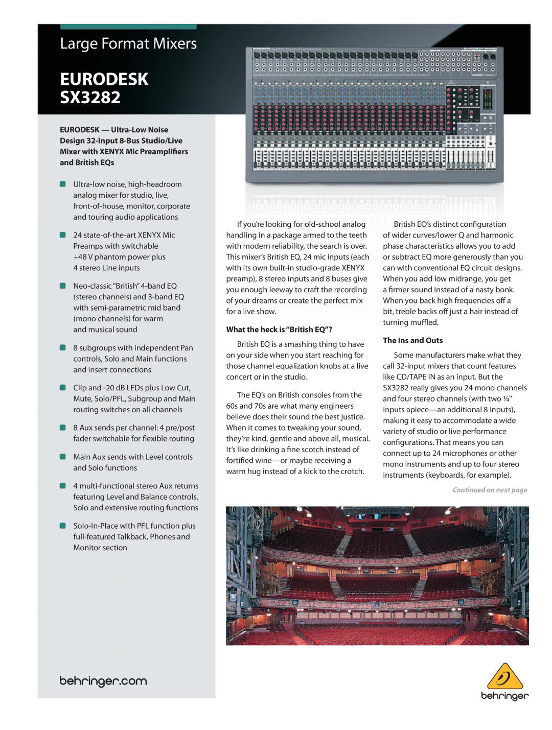 Behringer SX3282 manual +48 V phantom power plus Stereo Line inputs, Main Aux sends with Level controls and Solo functions 