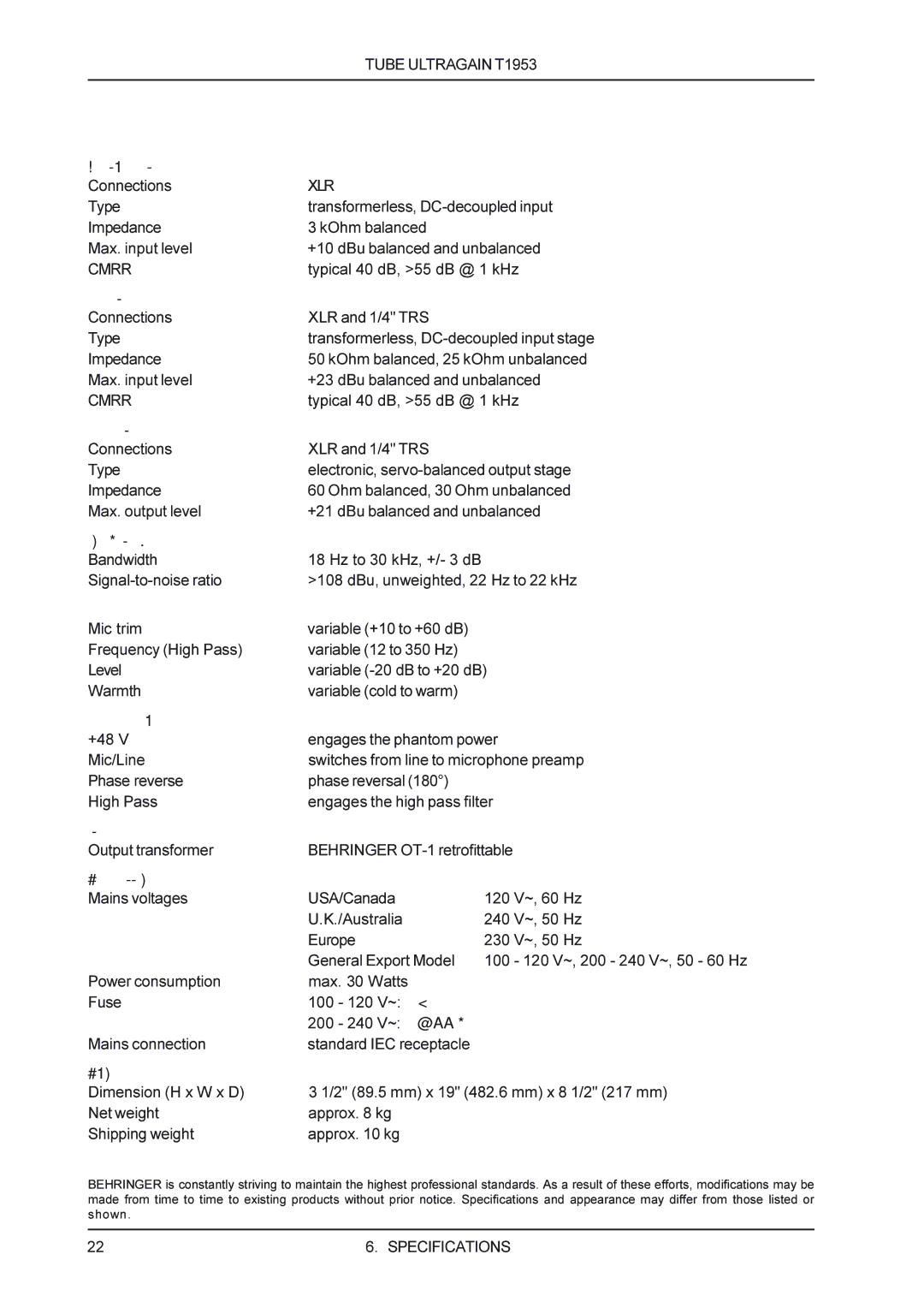 Behringer T1953 manual Specifications, Xlr 