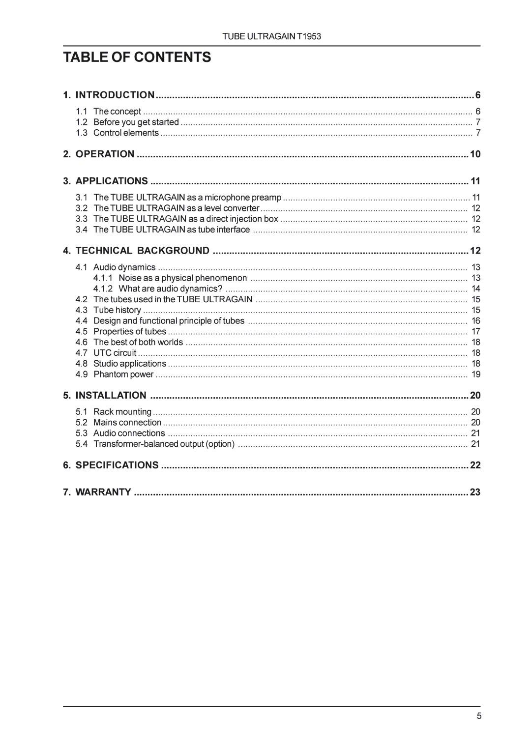 Behringer T1953 manual Table of Contents 