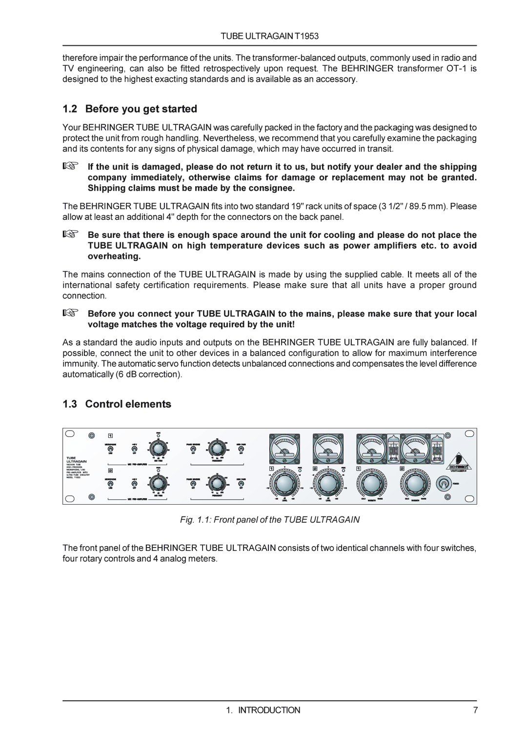 Behringer T1953 manual Before you get started, Control elements 